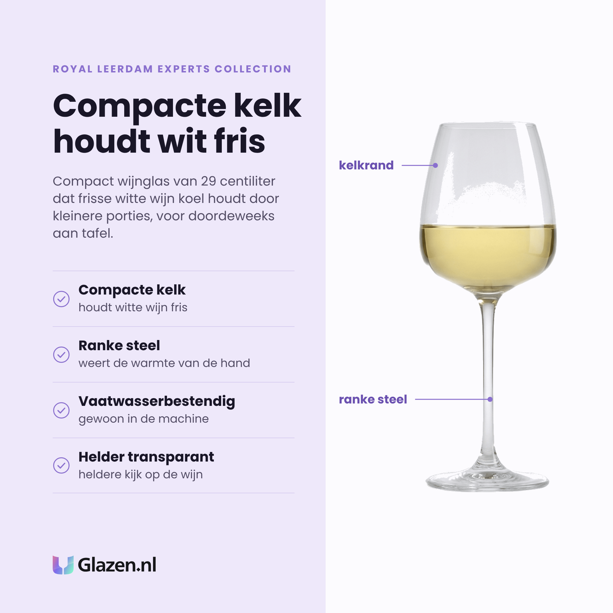 Royal Leerdam Experts Collection wijnglas 29 cl eigenschappen: compacte kelk houdt wit fris, ranke steel weert handwarmte, vaatwasserbestendig, helder transparant glas