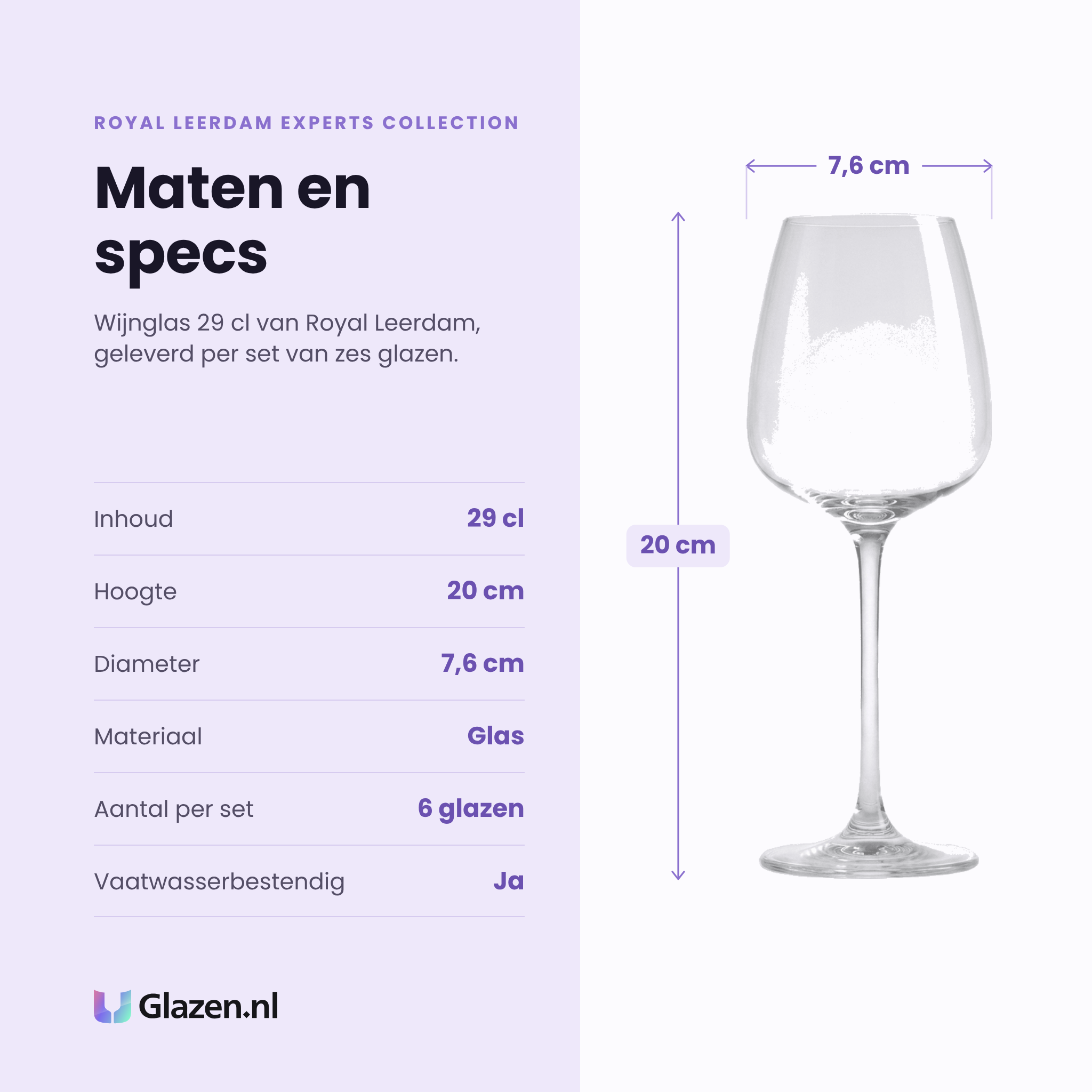 Royal Leerdam Experts Collection wijnglas 29 cl specificaties: inhoud 29 cl, hoogte 20 cm, diameter 7,6 cm, glas, set van 6
