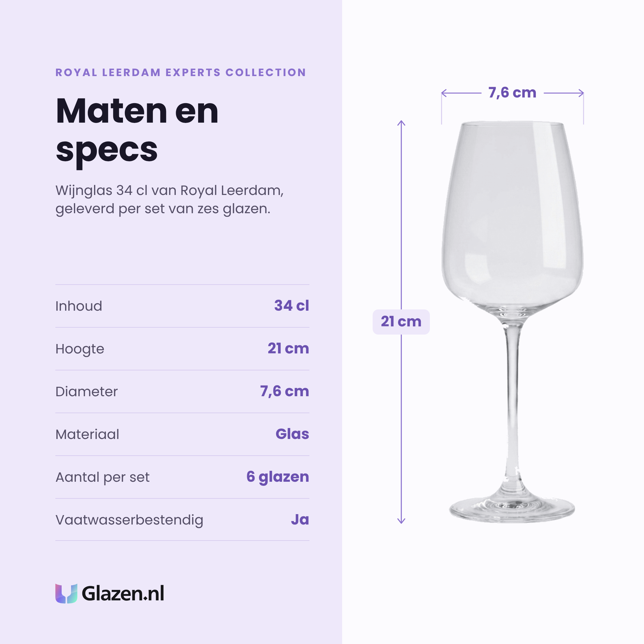 Royal Leerdam Experts Collection wijnglas 34 cl specificaties: inhoud 34 cl, hoogte 21 cm, diameter 7,6 cm, glas, set van 6