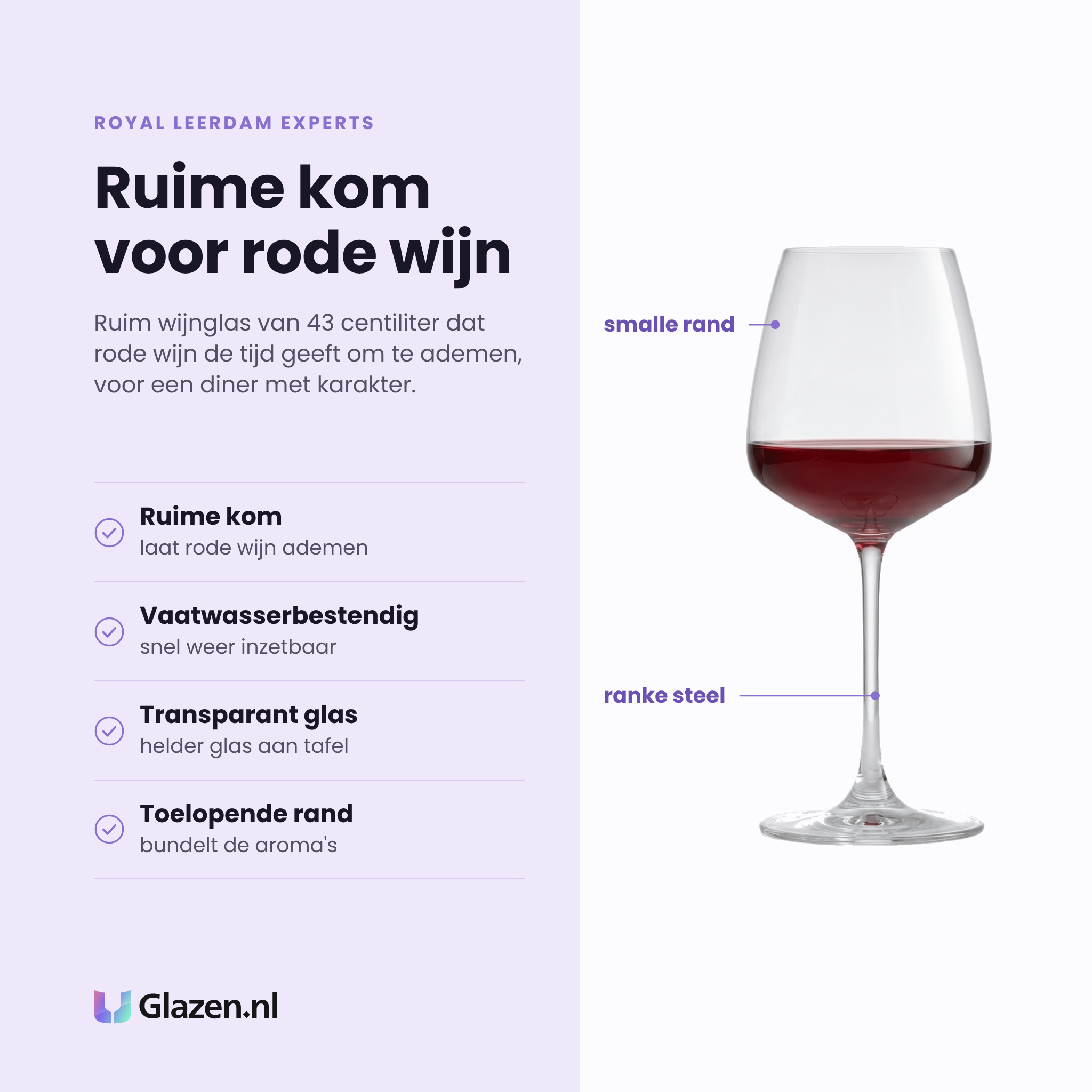 Royal Leerdam Experts Collection wijnglas 43 cl eigenschappen: ruime kom laat rode wijn ademen, toelopende rand bundelt de aroma's, transparant glas, vaatwasserbestendig