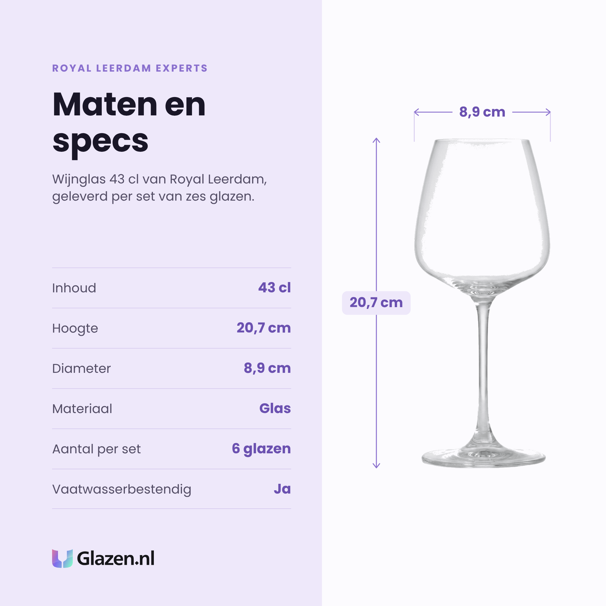 Royal Leerdam Experts Collection wijnglas 43 cl specificaties: inhoud 43 cl, hoogte 20,7 cm, diameter 8,9 cm, glas, set van 6