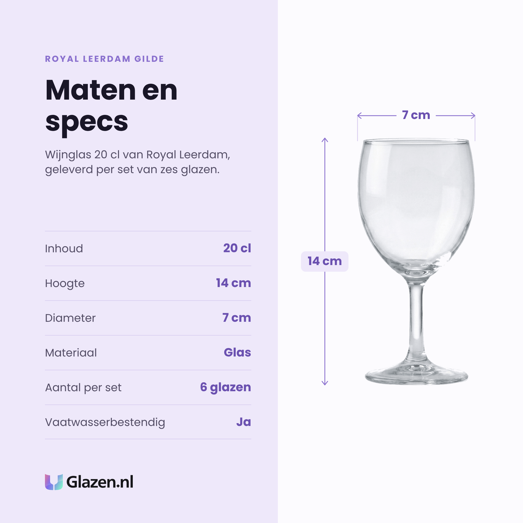 Royal Leerdam Gilde wijnglas 20 cl specificaties: inhoud 20 cl, hoogte 14 cm, diameter 7 cm, glas, set van 6