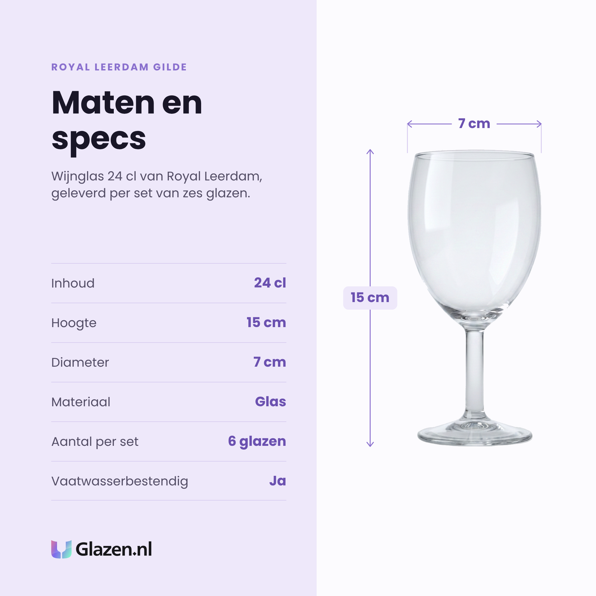 Royal Leerdam Gilde wijnglas 24 cl specificaties: inhoud 24 cl, hoogte 15 cm, diameter 7 cm, glas, set van 6