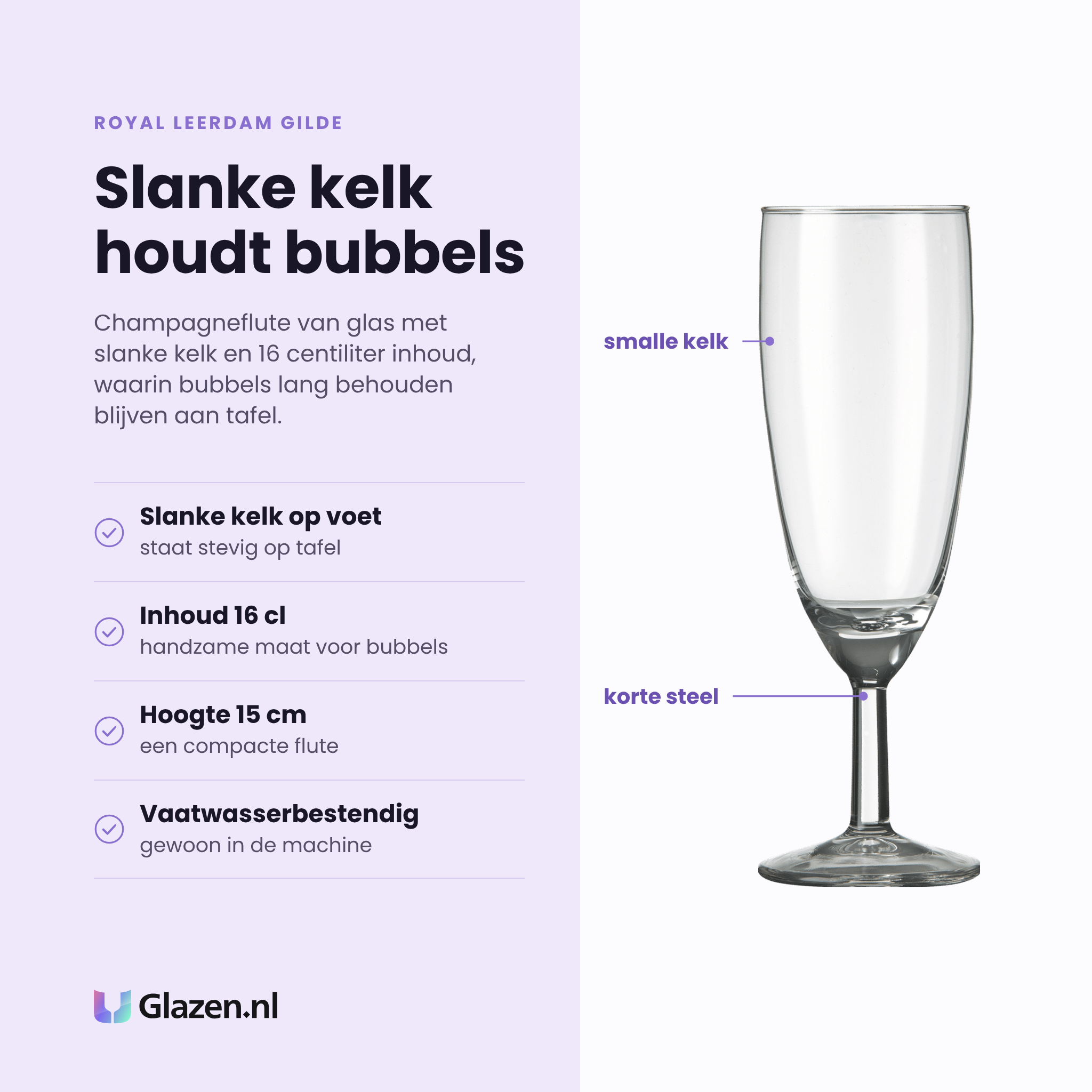 Royal Leerdam Gilde champagneflute 16 cl eigenschappen: slanke kelk op voet, inhoud 16 centiliter, hoogte 15 centimeter, vaatwasserbestendig