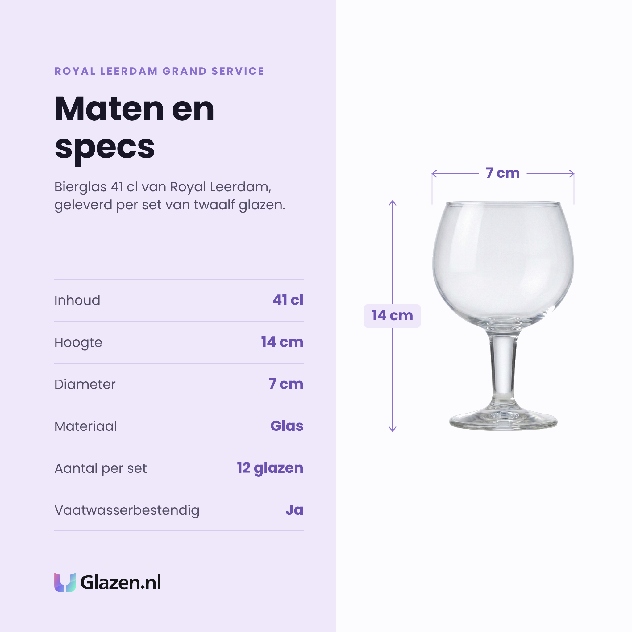 Royal Leerdam Grand Service bierglas 41 cl specificaties: inhoud 41 cl, hoogte 14 cm, diameter 7 cm, glas, set van 12