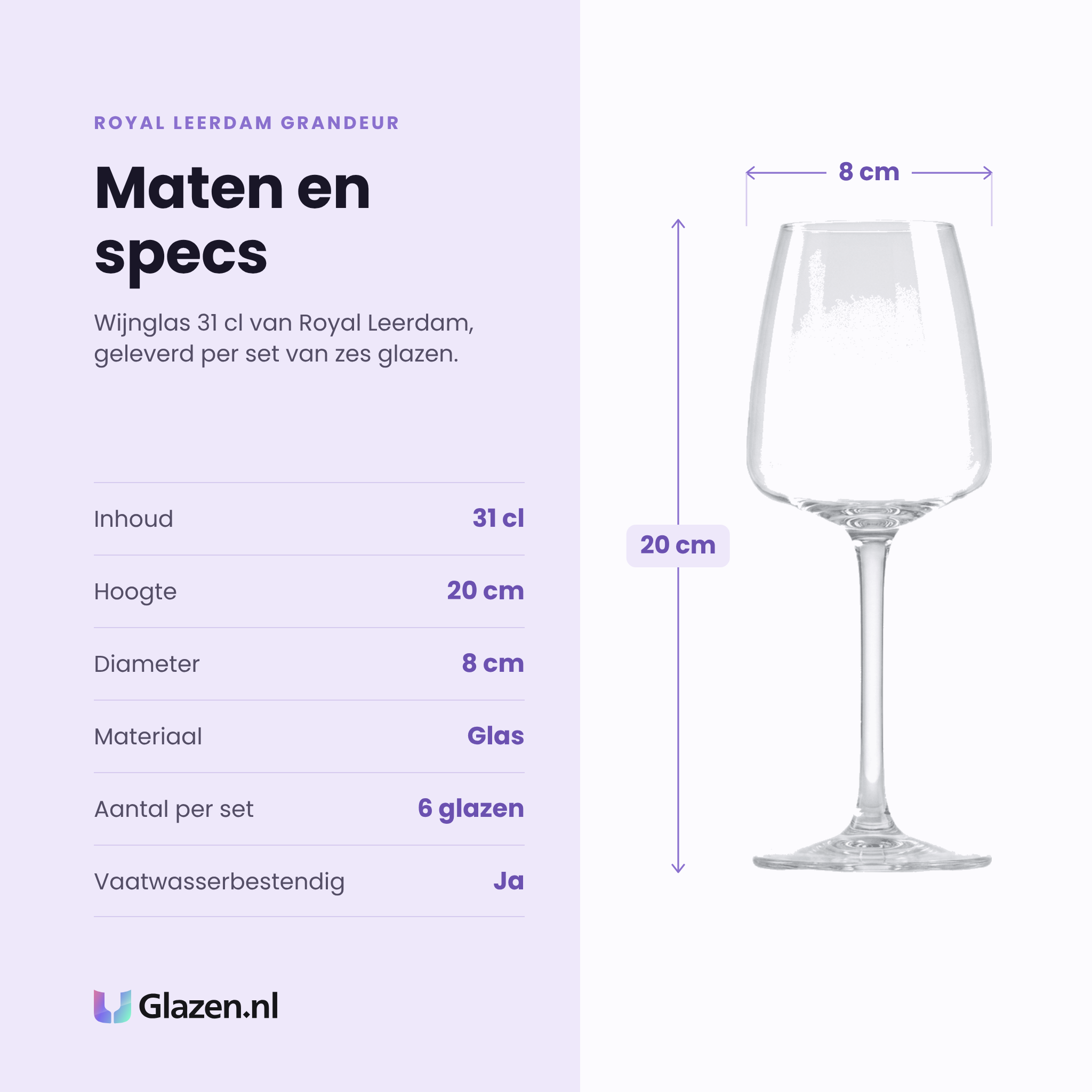 Royal Leerdam Grandeur wijnglas 31 cl specificaties: inhoud 31 cl, hoogte 20 cm, diameter 8 cm, glas, set van 6