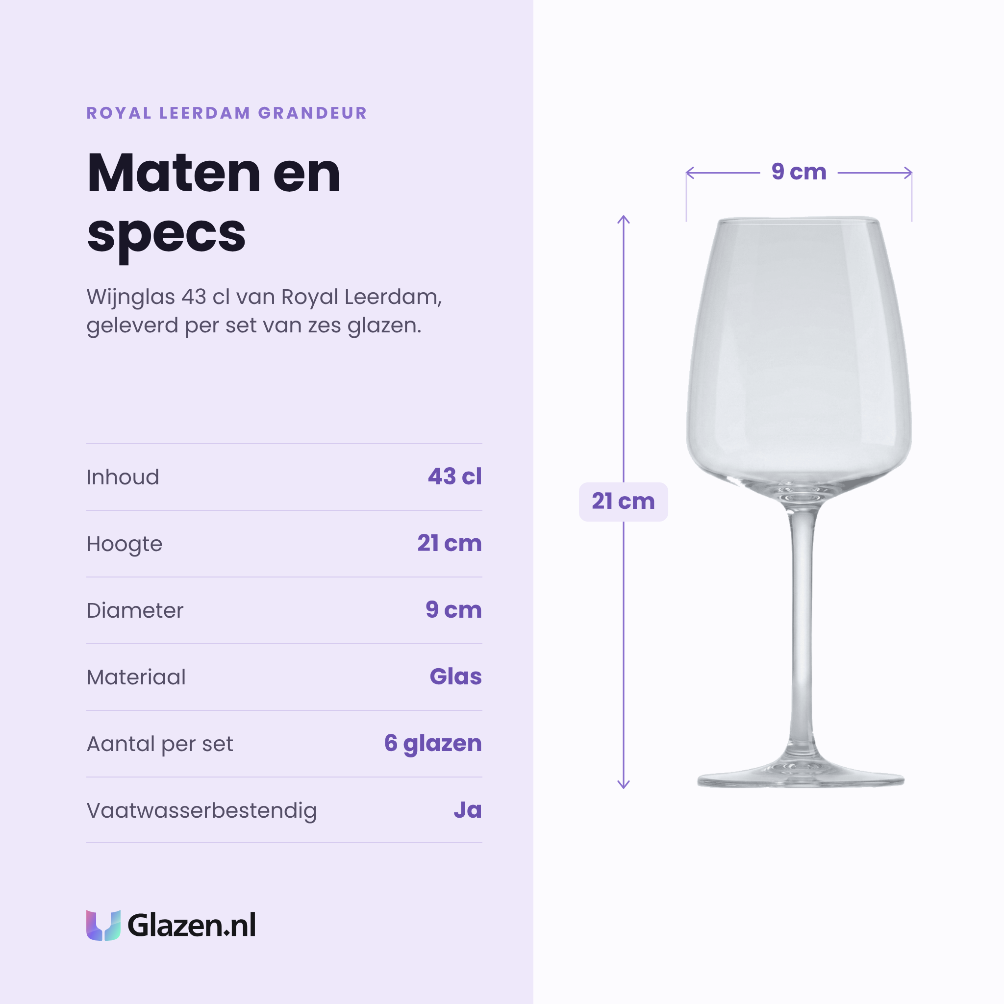 Royal Leerdam Grandeur wijnglas 43 cl specificaties: inhoud 43 cl, hoogte 21 cm, diameter 9 cm, glas, set van 6
