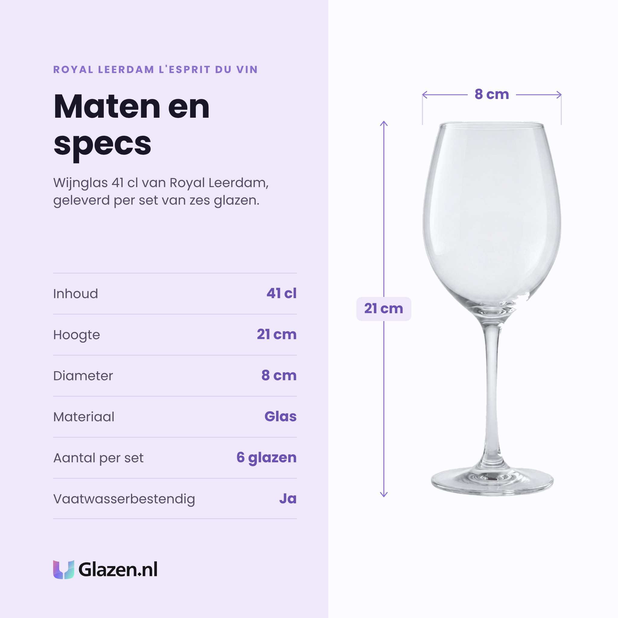 Royal Leerdam L'Esprit Du Vin wijnglas 41 cl specificaties: inhoud 41 cl, hoogte 21 cm, diameter 8 cm, glas, set van 6