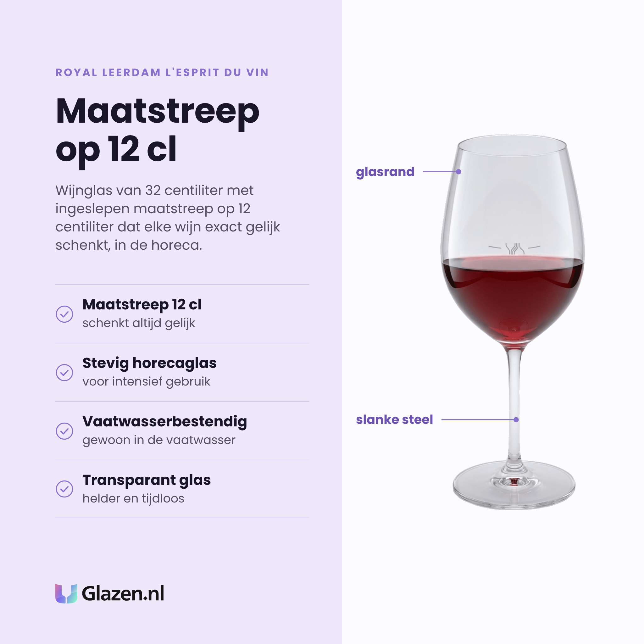 Royal Leerdam L'Esprit Du Vin wijnglas 32 cl eigenschappen: maatstreep 12 cl, stevig horecaglas, vaatwasserbestendig, transparant glas