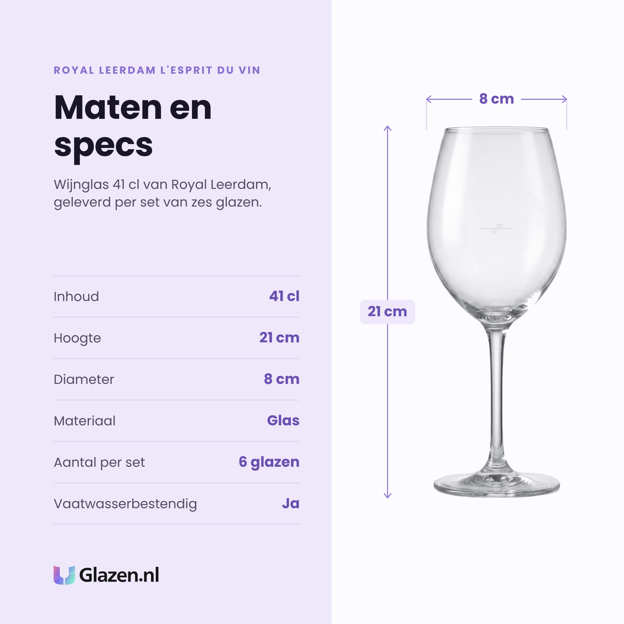 Royal Leerdam L'Esprit Du Vin wijnglas 41 cl specificaties: inhoud 41 cl, hoogte 21 cm, diameter 8 cm, glas, set van 6