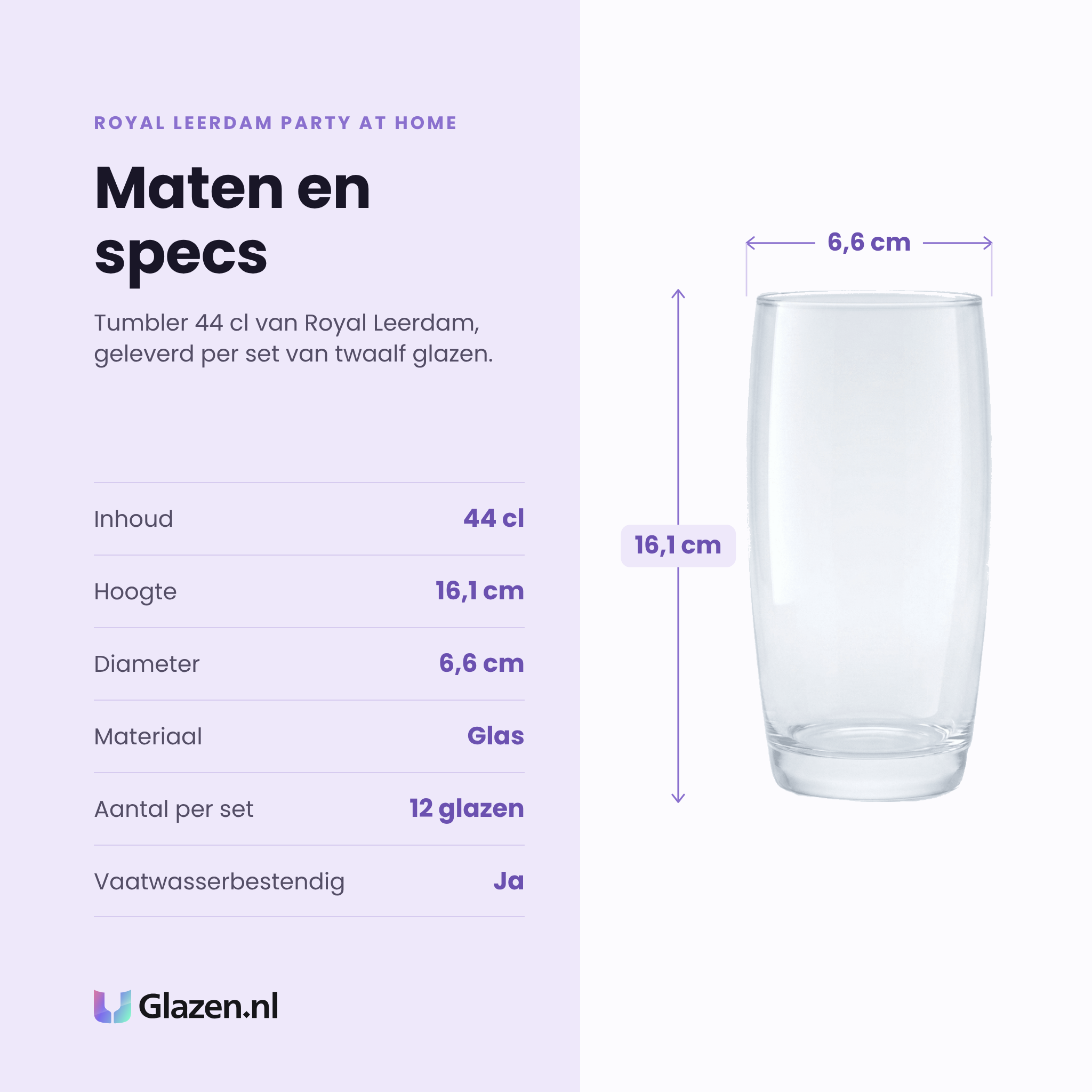 Royal Leerdam Party At Home tumbler 44 cl specificaties: inhoud 44 cl, hoogte 16,1 cm, diameter 6,6 cm, glas, set van 12