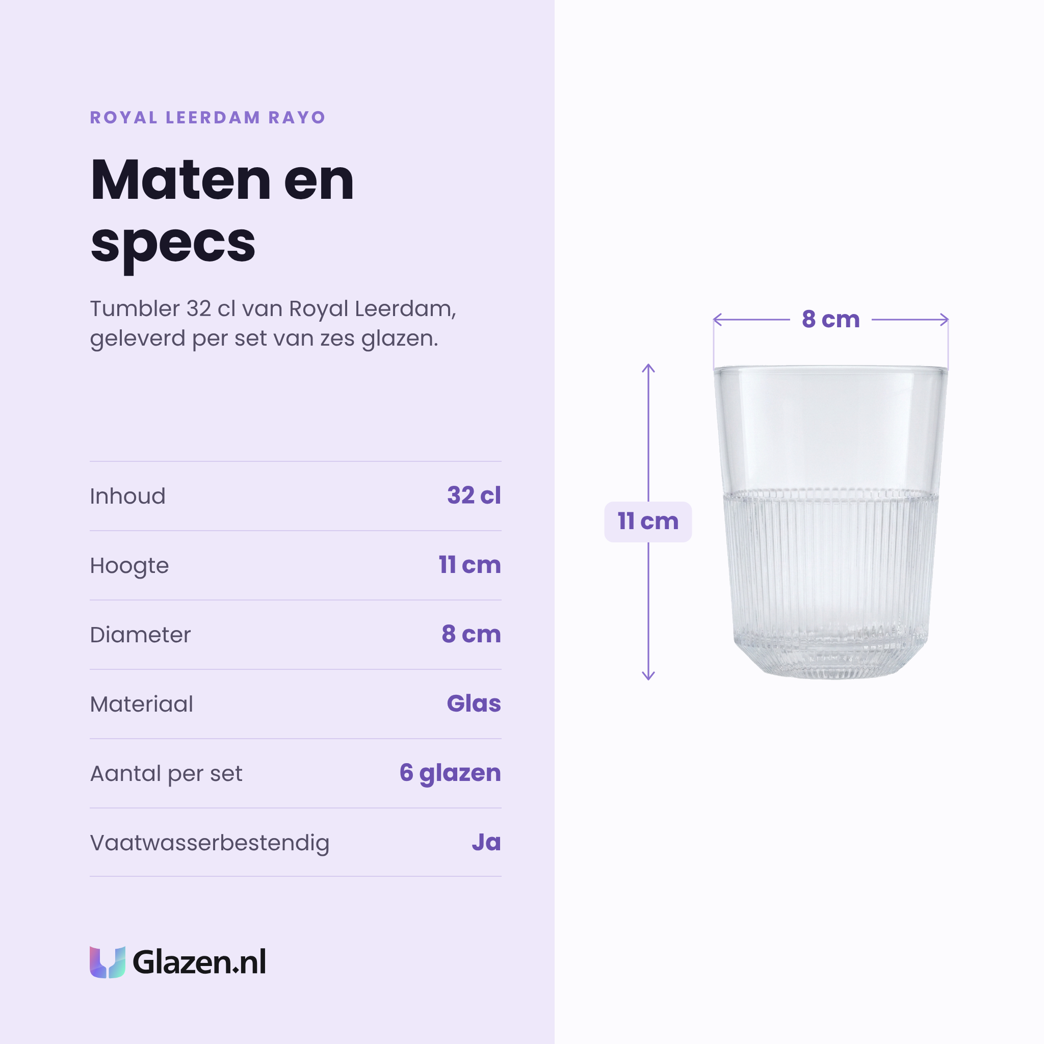 Royal Leerdam Rayo tumbler 32 cl specificaties: inhoud 32 cl, hoogte 11 cm, diameter 8 cm, glas, set van 6