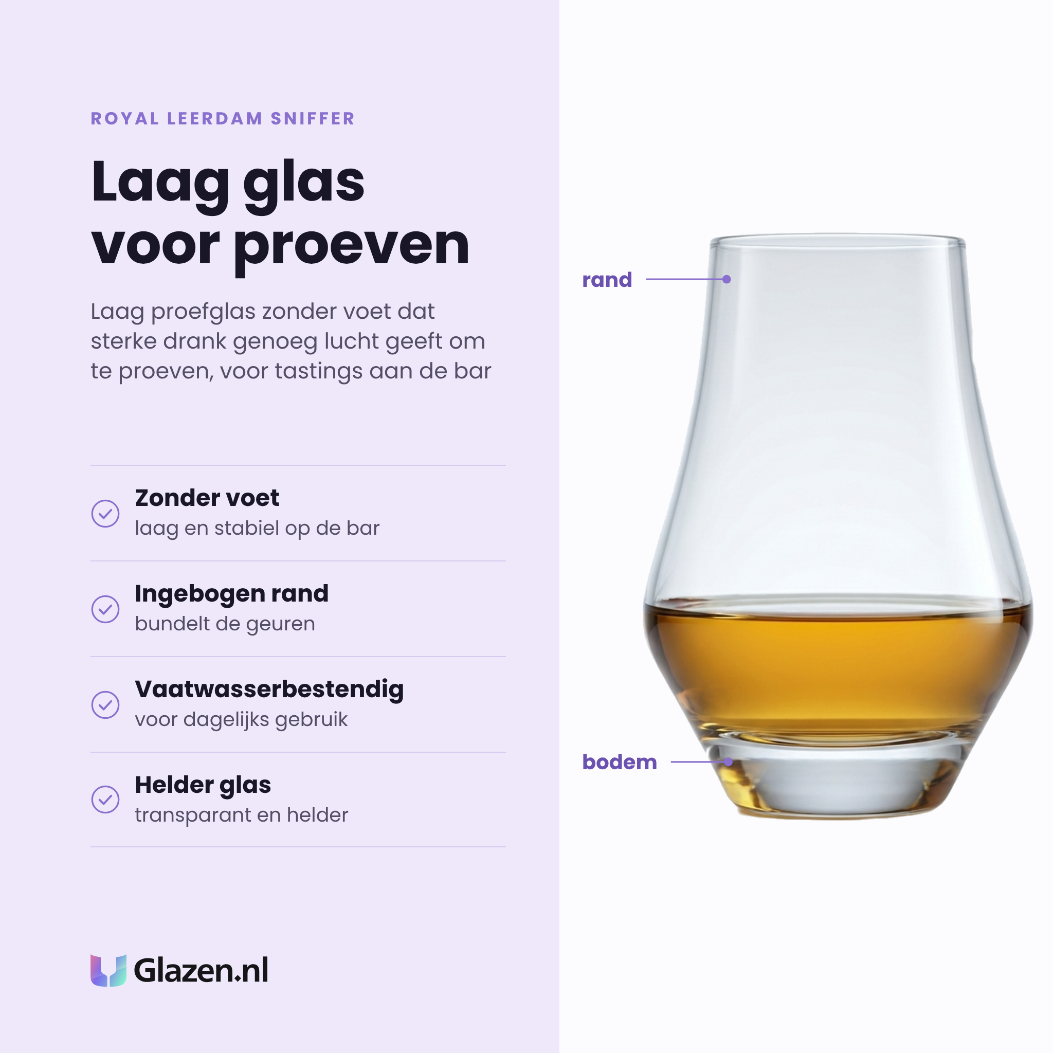 Royal Leerdam Sniffer proefglas 18 cl eigenschappen: zonder voet, ingebogen rand bundelt de geuren, vaatwasserbestendig, helder glas