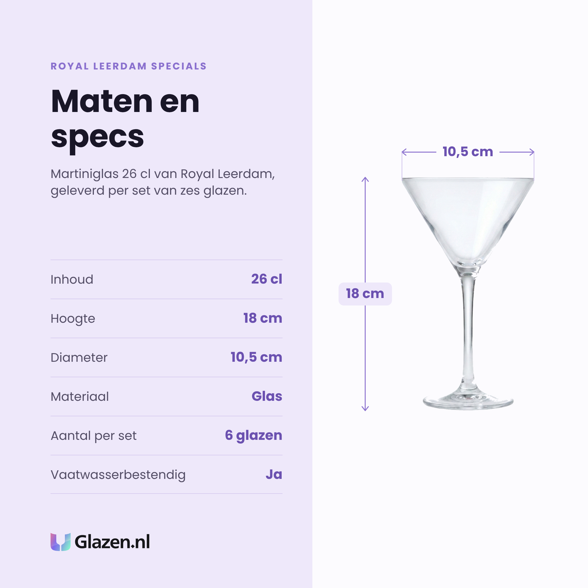 Royal Leerdam Specials martiniglas 26 cl specificaties: inhoud 26 cl, hoogte 18 cm, diameter 10,5 cm, glas, set van 6