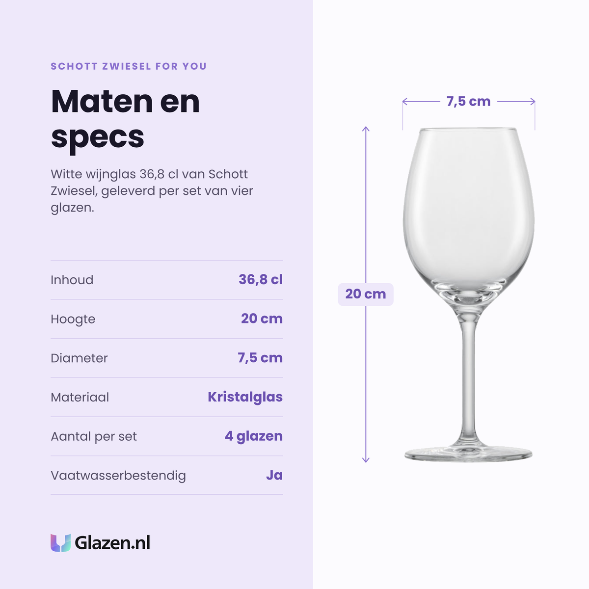 Schott Zwiesel For You witte wijnglas 36,8 cl specificaties: inhoud 36,8 cl, hoogte 20 cm, diameter 7,5 cm, kristalglas, set van 4