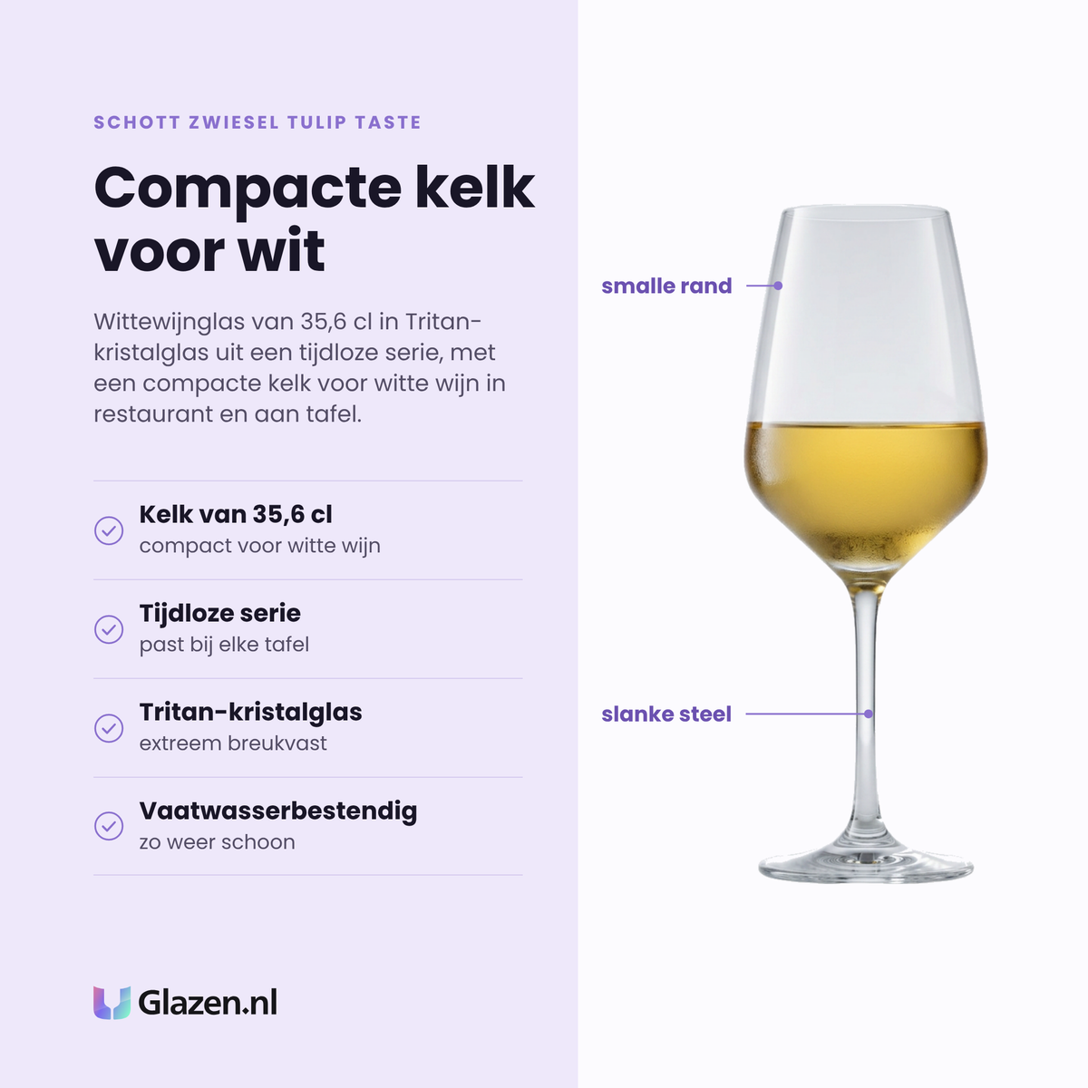 Schott Zwiesel Tulip Taste wittewijnglas 35,6 cl eigenschappen: kelk van 35,6 cl, tijdloze serie, tritan-kristalglas, vaatwasserbestendig