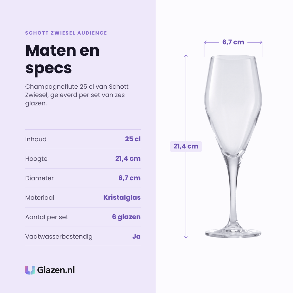Schott Zwiesel Audience champagneflute 25 cl specificaties: inhoud 25 cl, hoogte 21,4 cm, diameter 6,7 cm, kristalglas, set van 6