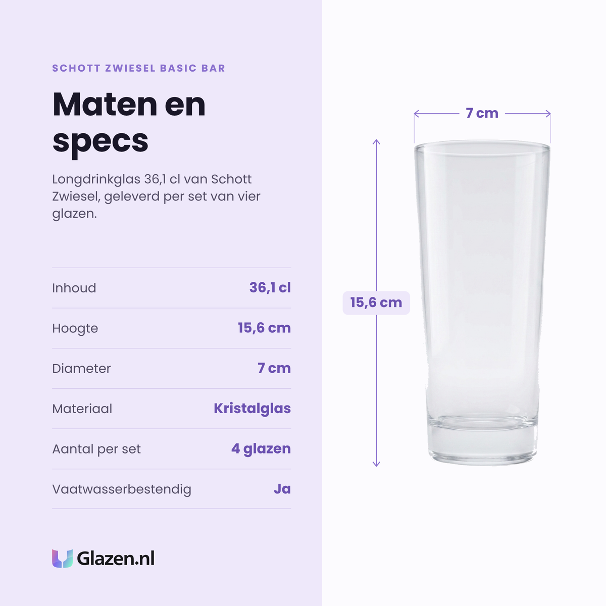 Schott Zwiesel Basic Bar Selection longdrinkglas 36,1 cl specificaties: inhoud 36,1 cl, hoogte 15,6 cm, diameter 7 cm, kristalglas, set van 4