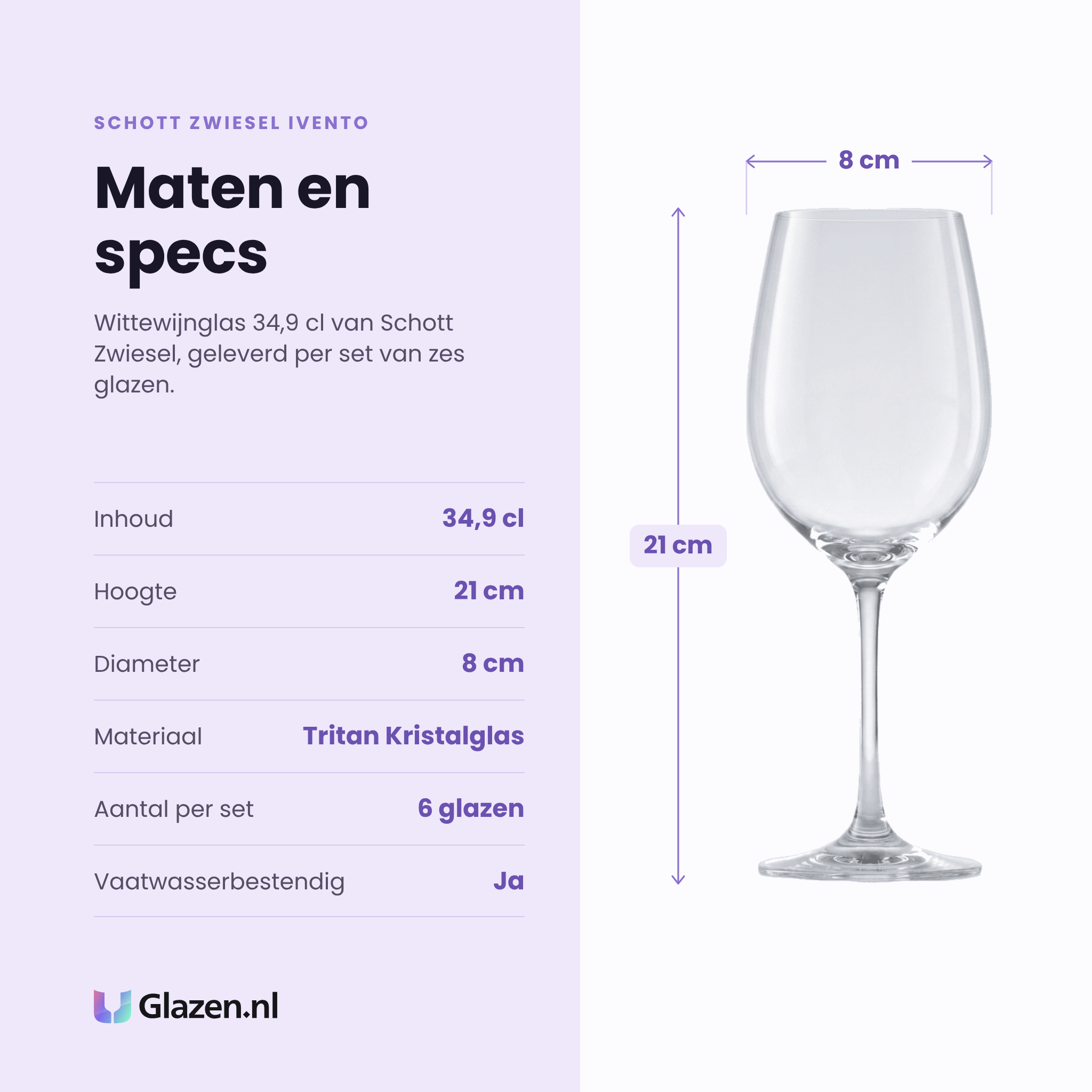 Schott Zwiesel Ivento wittewijnglas 34,9 cl specificaties: inhoud 34,9 cl, hoogte 21 cm, diameter 8 cm, tritan kristalglas, set van 6