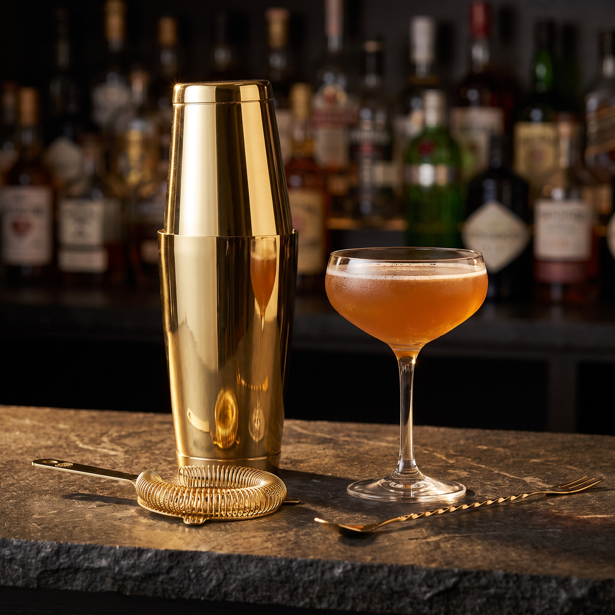Gouden Speakeasy cocktail set op een donkere bar met een cocktail