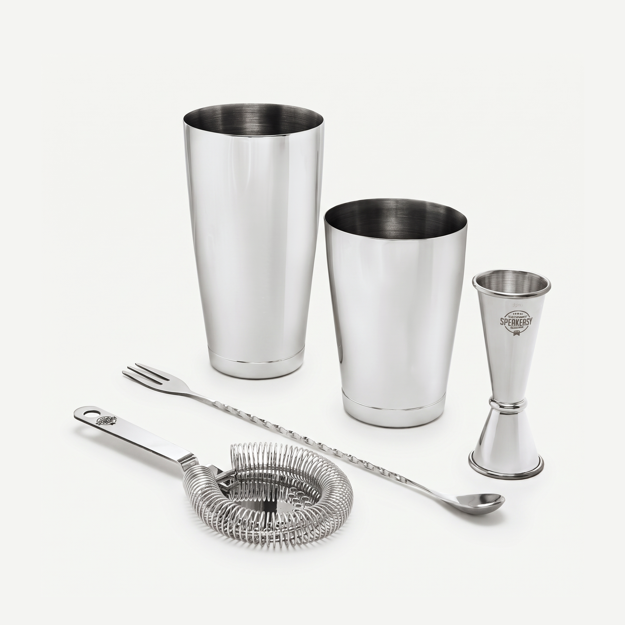 Speakeasy cocktailset RVS 4-delig: Boston shaker, Hawthorn strainer, barlepel en jigger