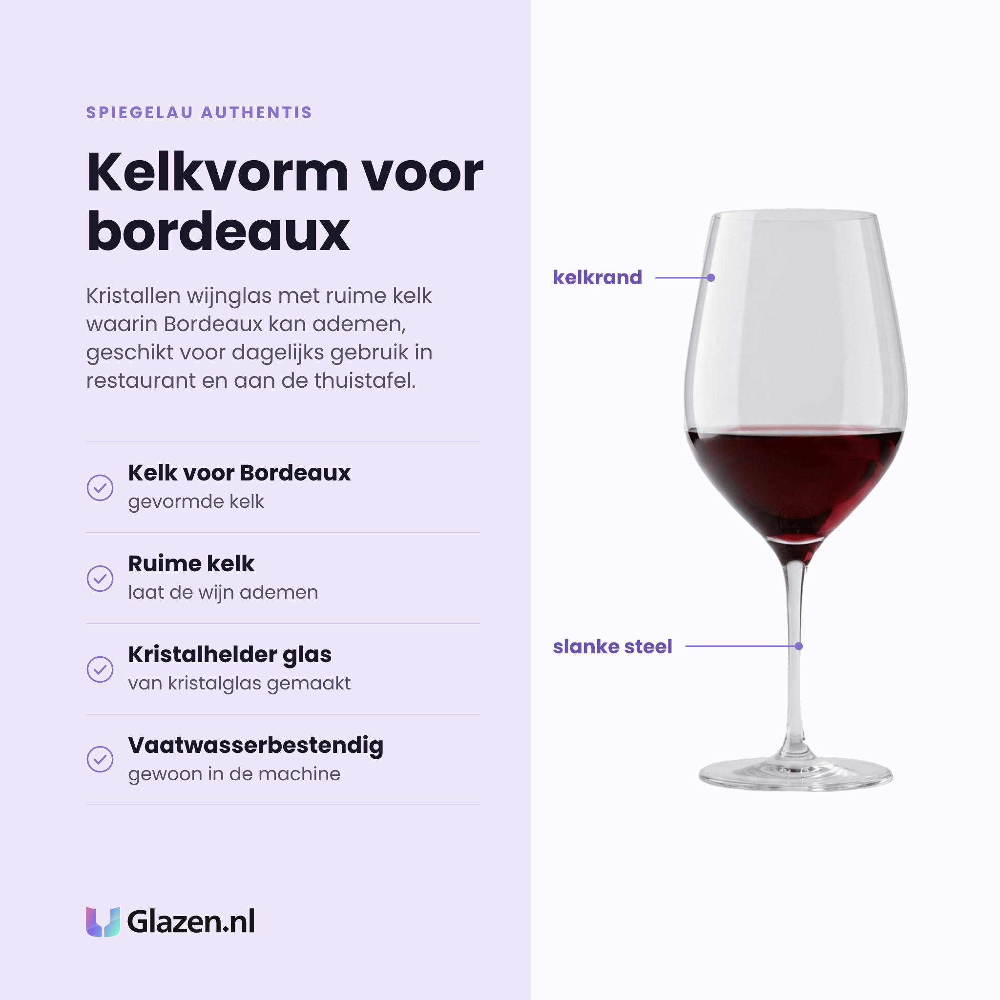 Spiegelau Authentis wijnglas 65 cl eigenschappen: kelk voor Bordeaux, ruime kelk laat de wijn ademen, kristalhelder glas, vaatwasserbestendig