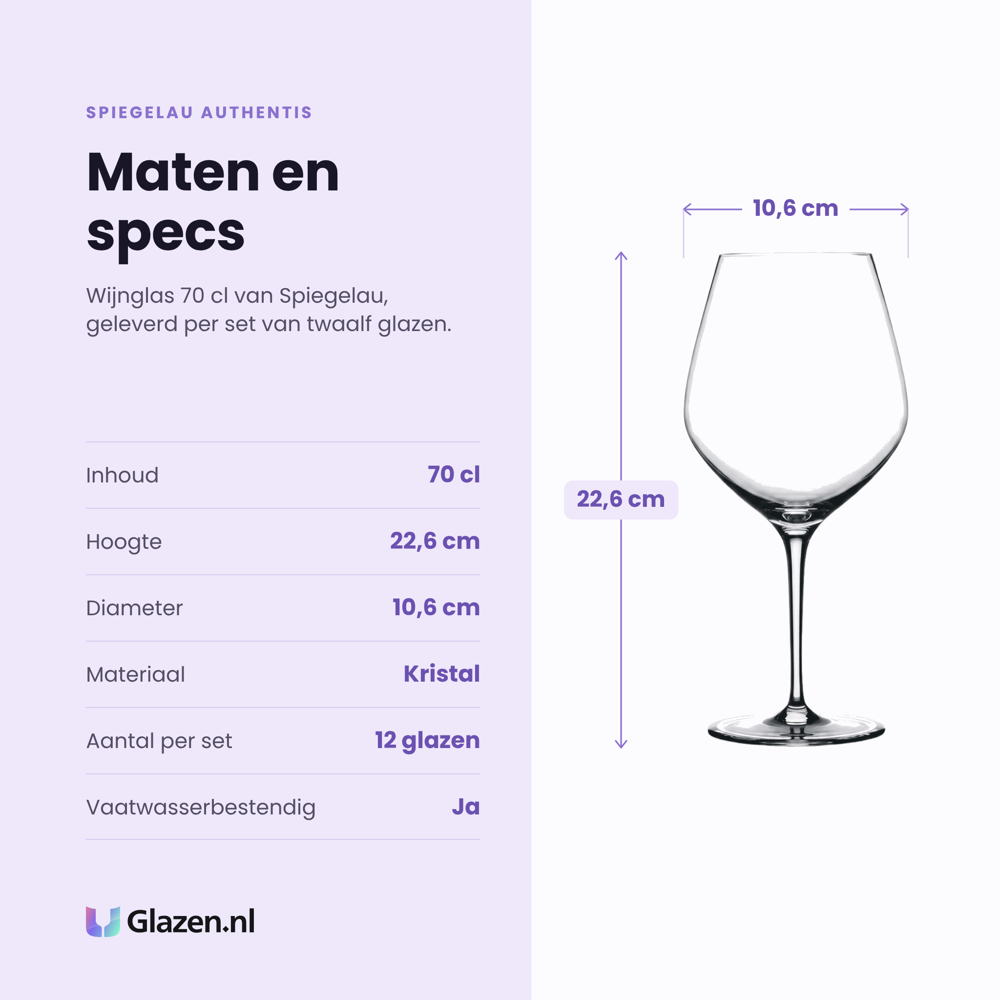 Spiegelau Authentis wijnglas 70 cl specificaties: inhoud 70 cl, hoogte 22,6 cm, diameter 10,6 cm, kristal, set van 12