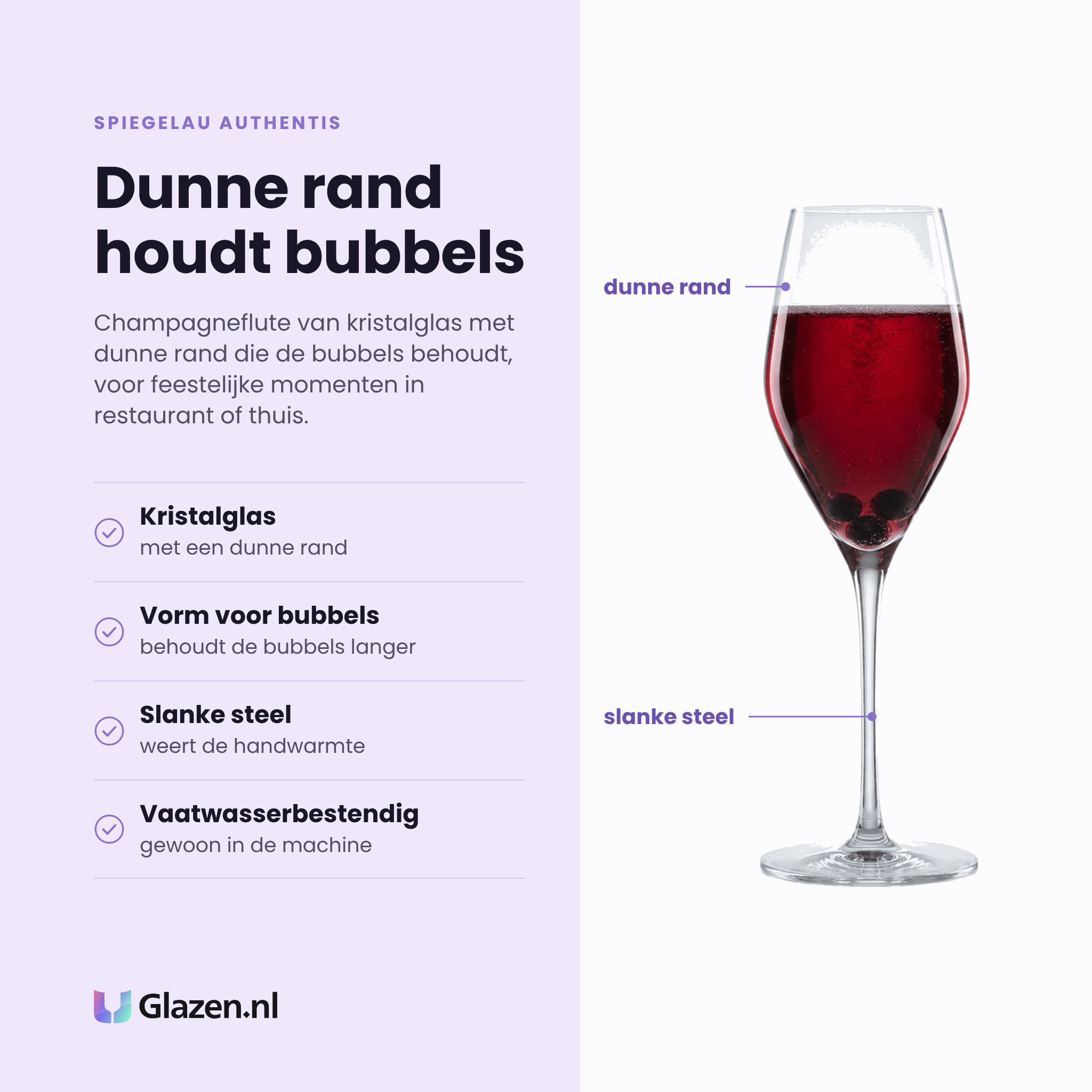 Spiegelau Authentis champagneflute 27 cl eigenschappen: kristalglas met dunne rand, vorm behoudt de bubbels, slanke steel weert handwarmte, vaatwasserbestendig