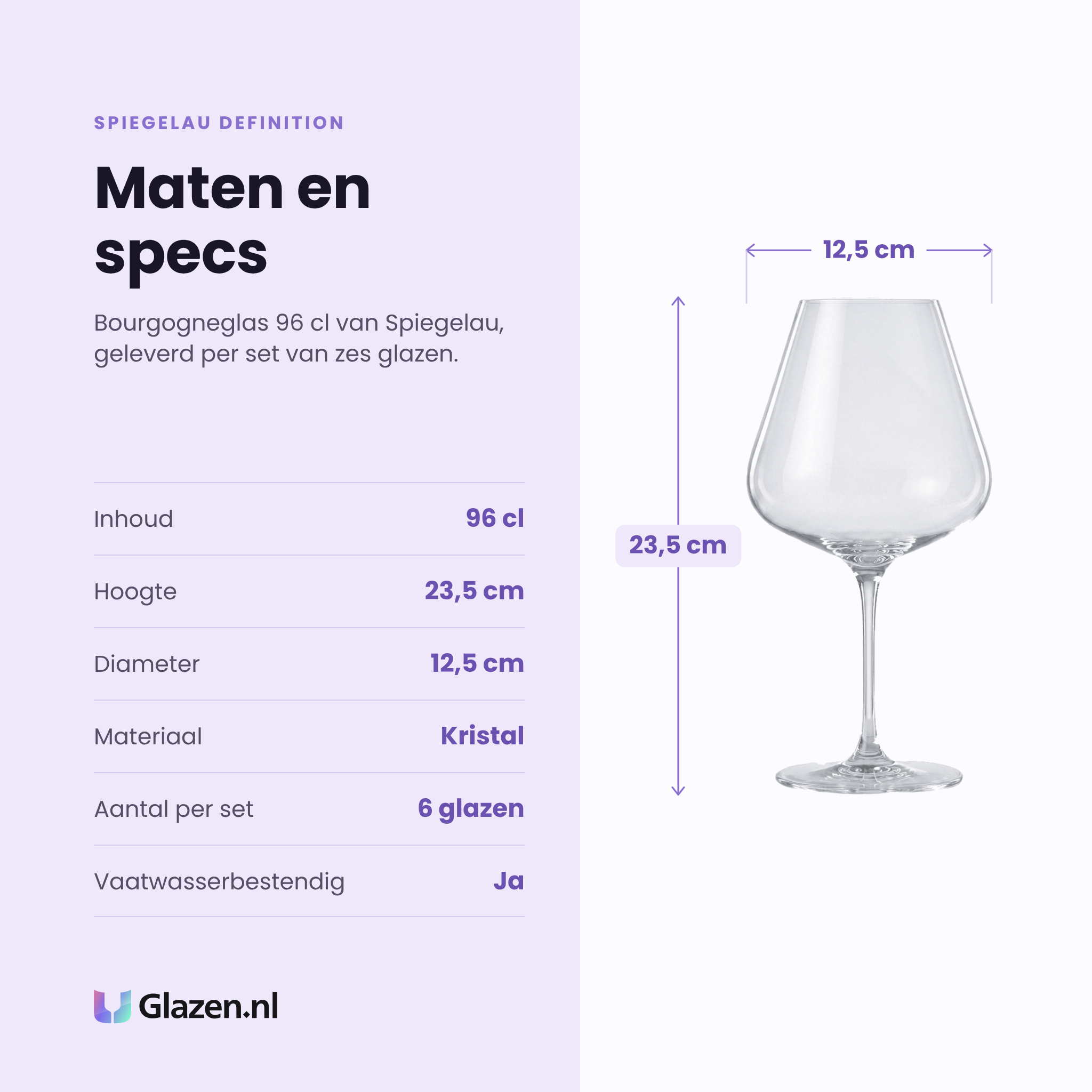 Spiegelau Definition bourgogneglas 96 cl specificaties: inhoud 96 cl, hoogte 23,5 cm, diameter 12,5 cm, kristal, set van 6
