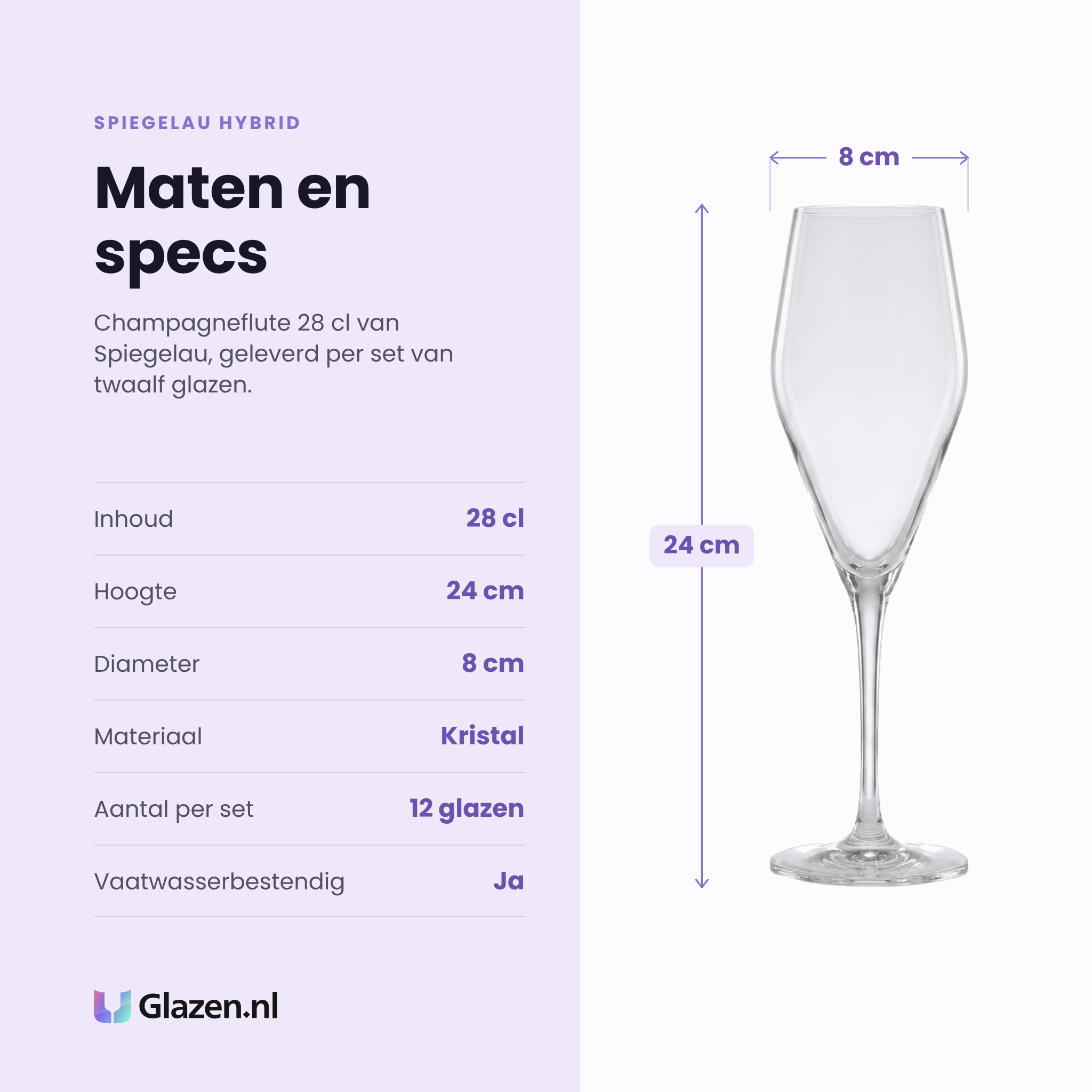 Spiegelau Hybrid champagneflute 28 cl specificaties: inhoud 28 cl, hoogte 24 cm, diameter 8 cm, kristal, set van 12