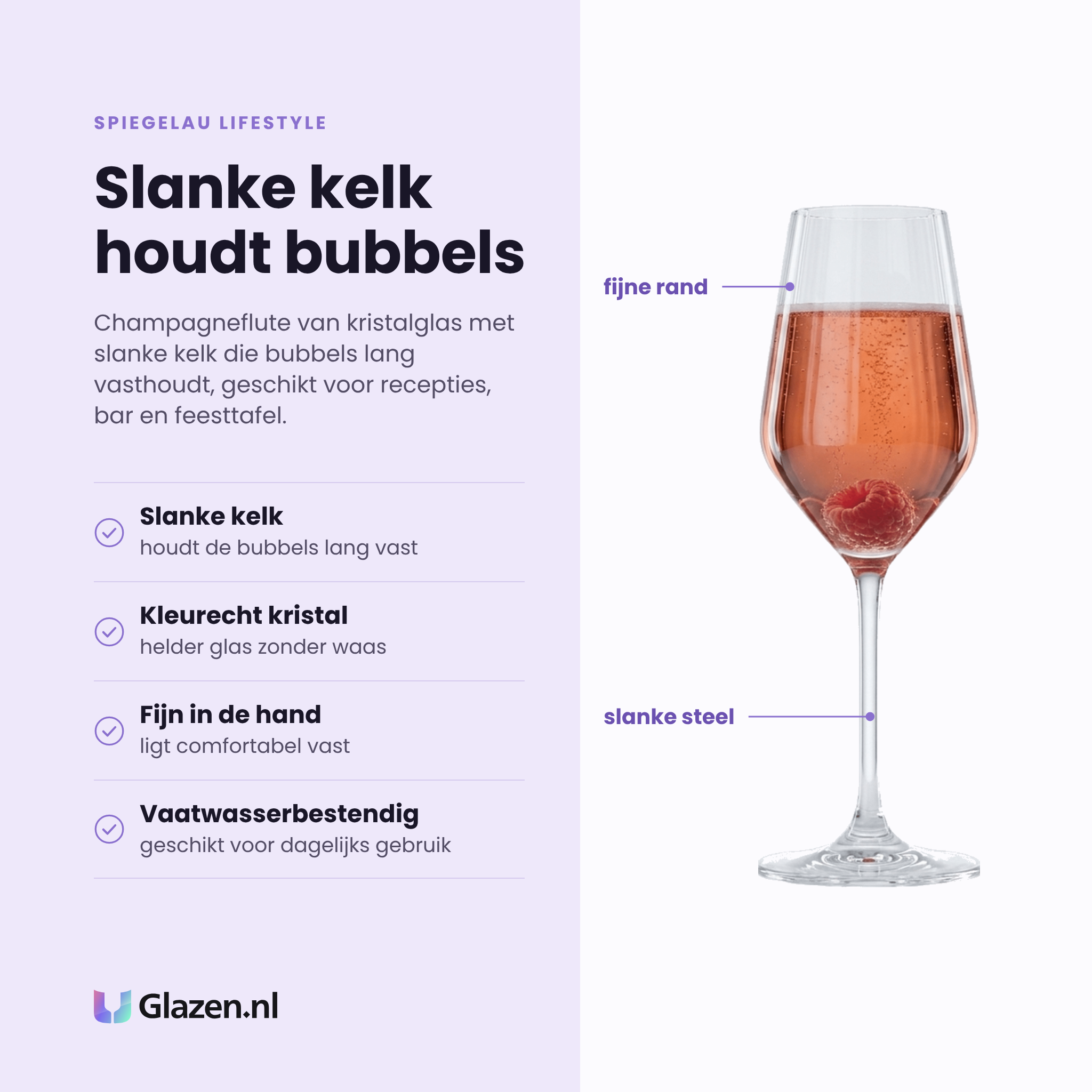 Spiegelau Lifestyle champagneflute 31 cl eigenschappen: slanke kelk houdt bubbels vast, kleurecht kristal, fijn in de hand, vaatwasserbestendig