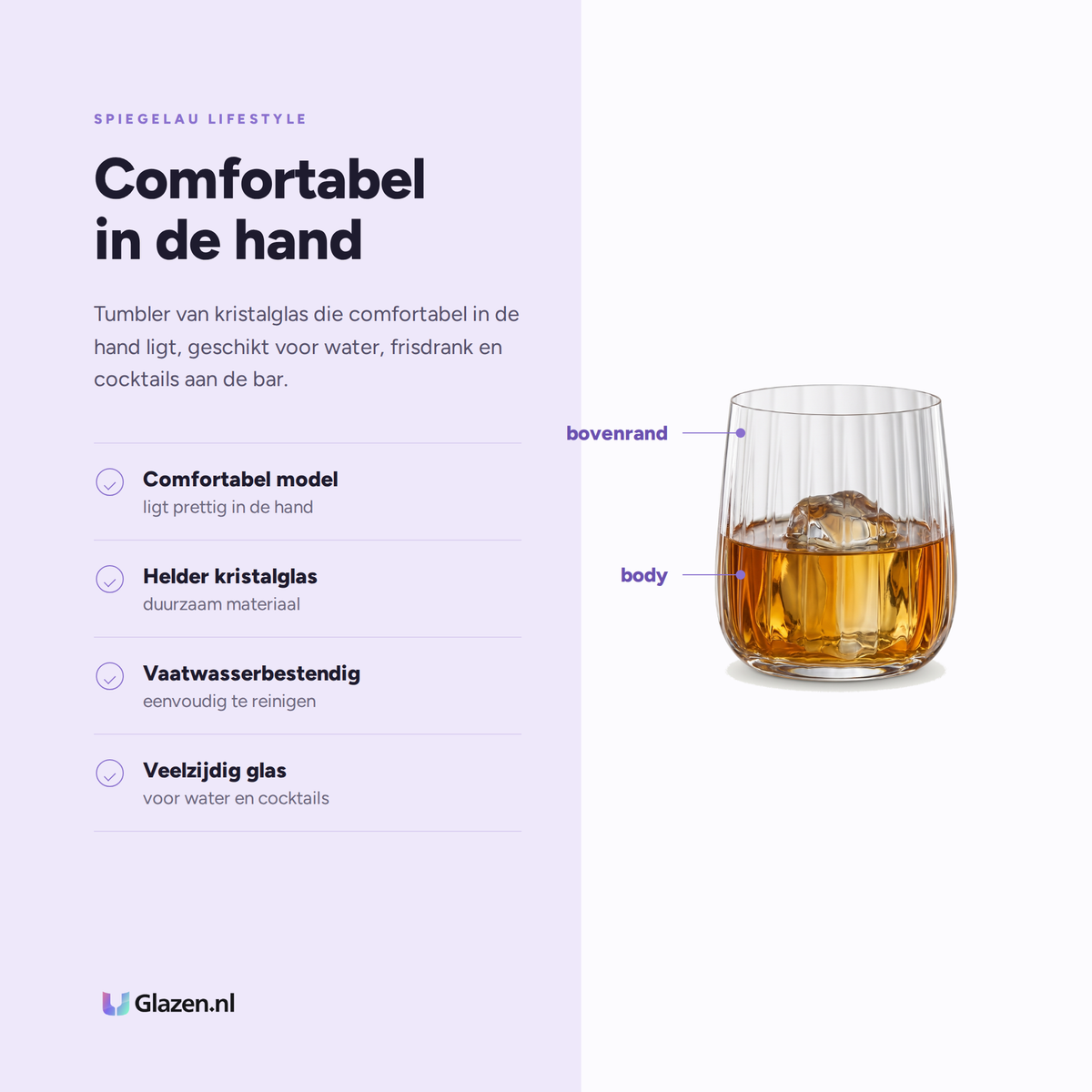 Spiegelau Lifestyle Tumbler 34 Cl eigenschappen: comfortabel model, helder kristalglas, vaatwasserbestendig, veelzijdig glas