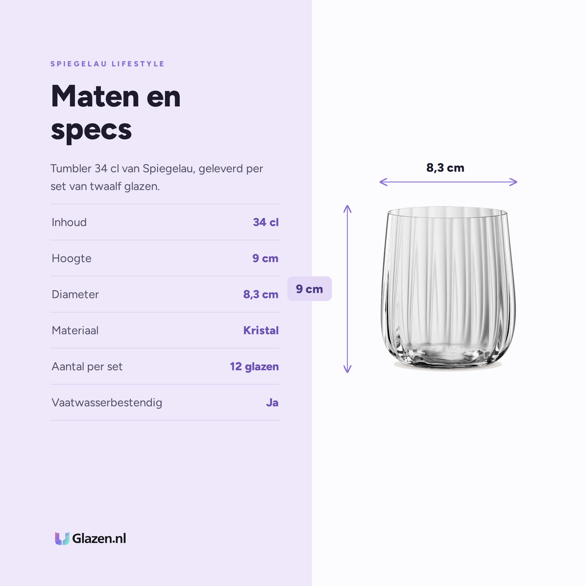 Spiegelau Lifestyle Tumbler 34 Cl specificaties: inhoud 34 cl, hoogte 9 cm, diameter 8,3 cm, materiaal Kristal, aantal per set 12 glazen, vaatwasserbestendig Ja