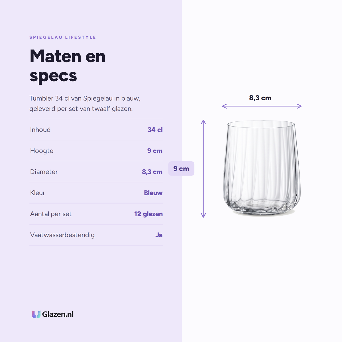 Spiegelau Lifestyle Tumbler 34 Cl Blauw specificaties: inhoud 34 cl, hoogte 9 cm, diameter 8,3 cm, kleur Blauw, aantal per set 12 glazen, vaatwasserbestendig Ja