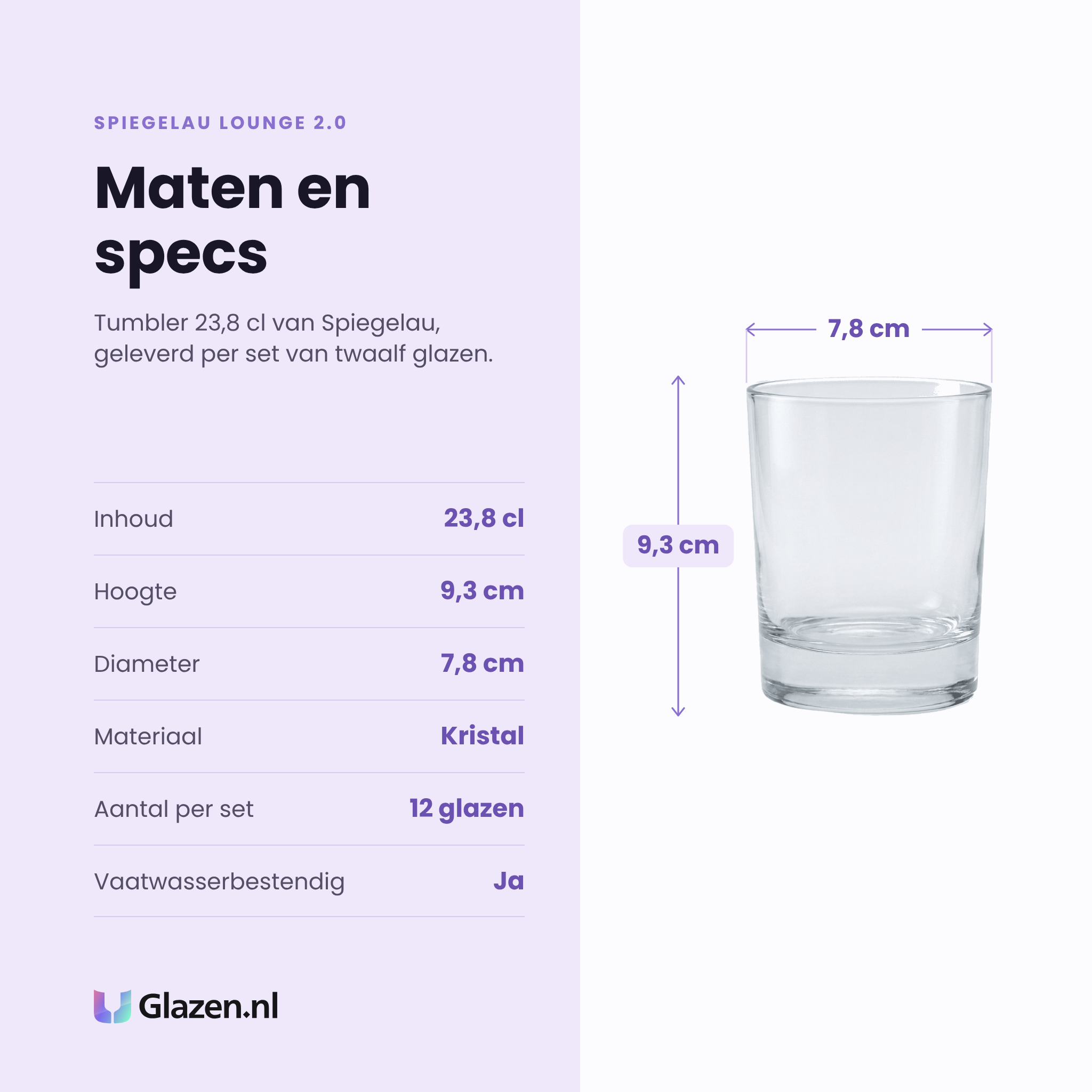 Spiegelau Lounge 2.0 tumbler 23,8 cl specificaties: inhoud 23,8 cl, hoogte 9,3 cm, diameter 7,8 cm, kristal, set van 12