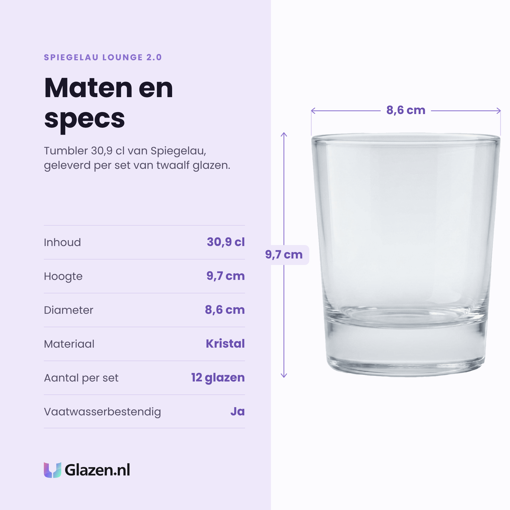 Spiegelau Lounge 2.0 tumbler 30,9 cl specificaties: inhoud 30,9 cl, hoogte 9,7 cm, diameter 8,6 cm, kristal, set van 12