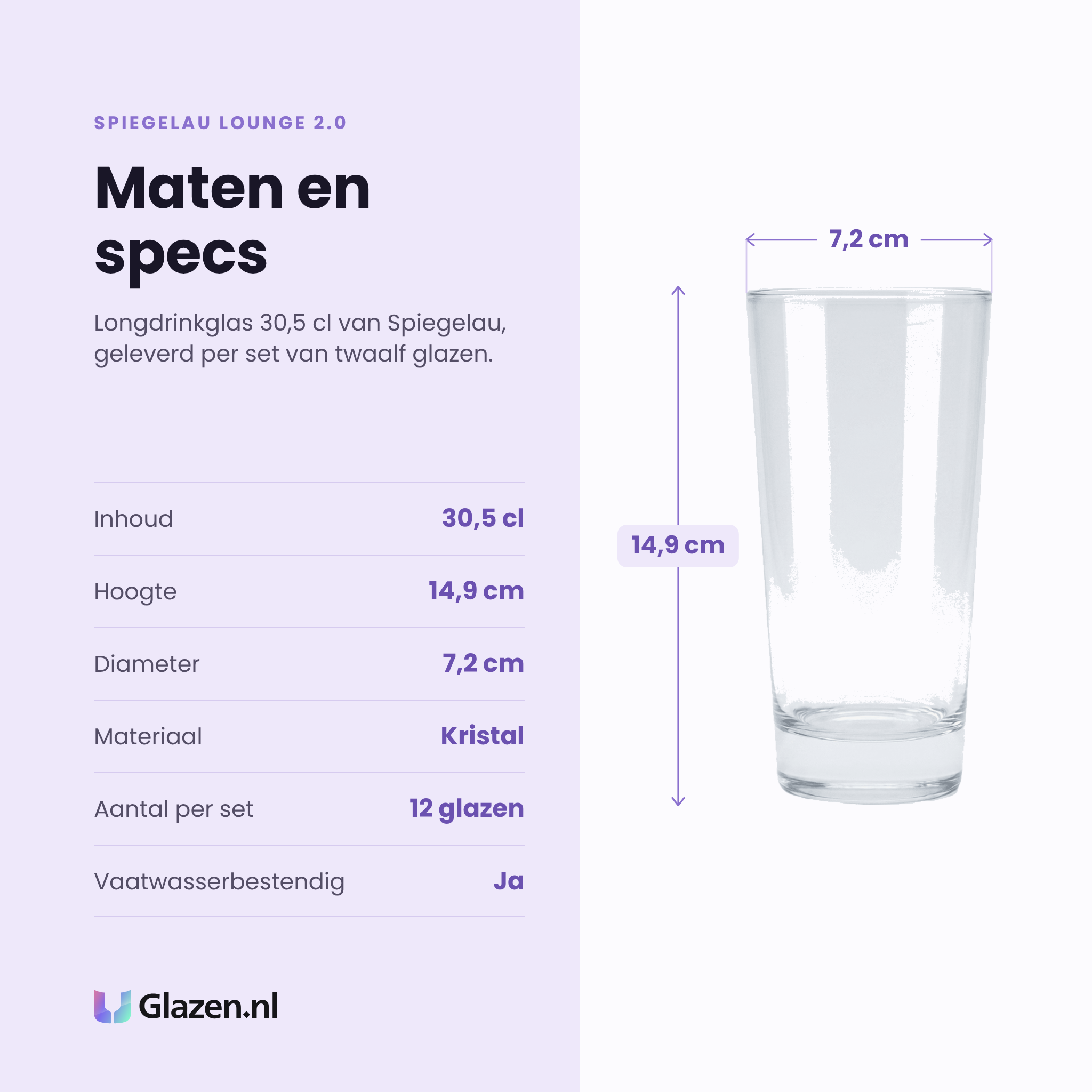 Spiegelau Lounge 2.0 longdrinkglas 30,5 cl specificaties: inhoud 30,5 cl, hoogte 14,9 cm, diameter 7,2 cm, kristal, set van 12