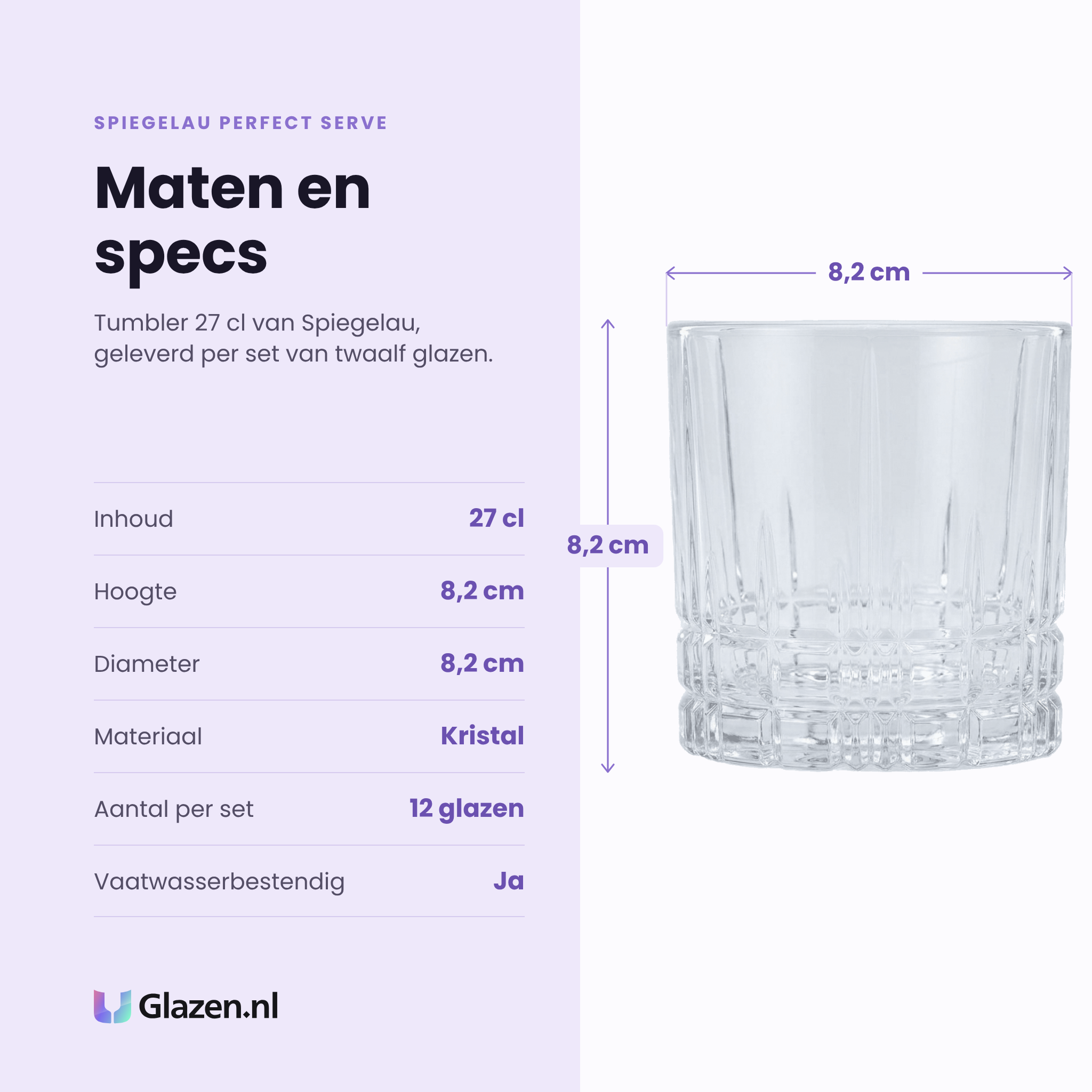 Spiegelau Perfect Serve tumbler 27 cl specificaties: inhoud 27 cl, hoogte 8,2 cm, diameter 8,2 cm, kristal, set van 12