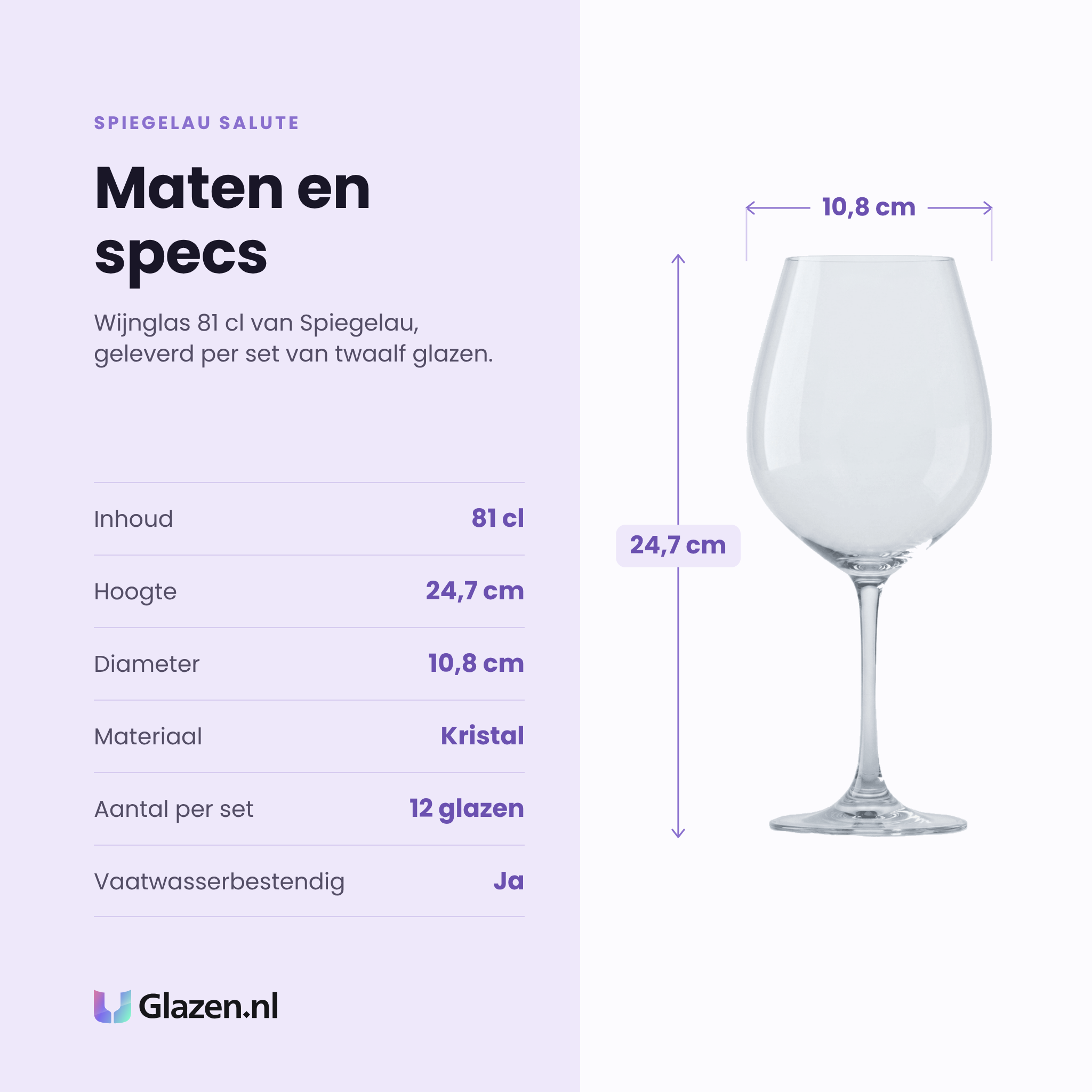 Spiegelau Salute wijnglas 81 cl specificaties: inhoud 81 cl, hoogte 24,7 cm, diameter 10,8 cm, kristalglas, set van 12