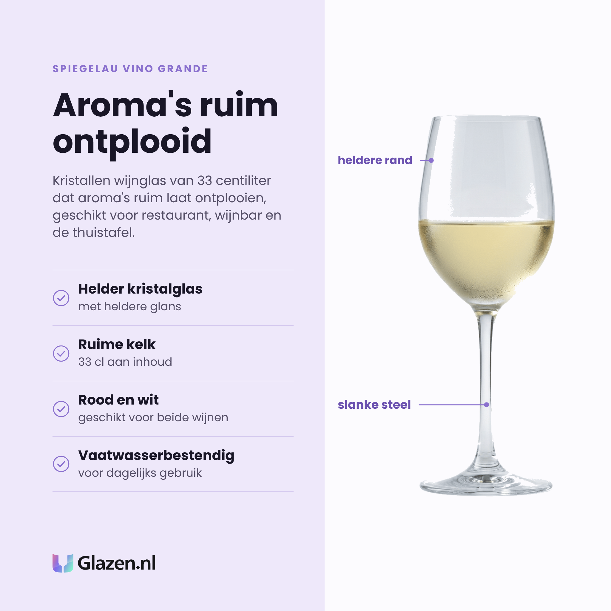 Spiegelau Vino Grande wijnglas 33 cl eigenschappen: helder kristalglas, ruime kelk van 33 cl, geschikt voor rood en wit, vaatwasserbestendig