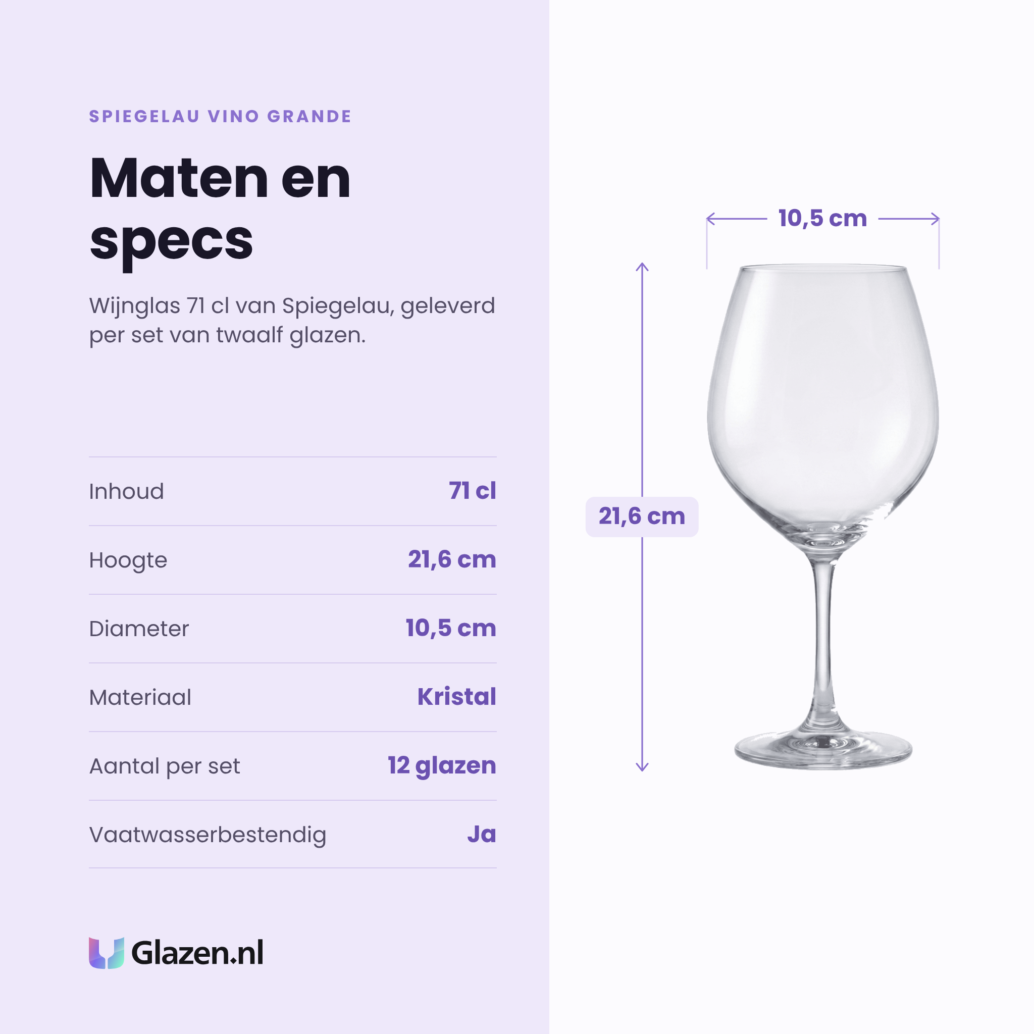 Spiegelau Vino Grande wijnglas 71 cl specificaties: inhoud 71 cl, hoogte 21,6 cm, diameter 10,5 cm, kristal, set van 12