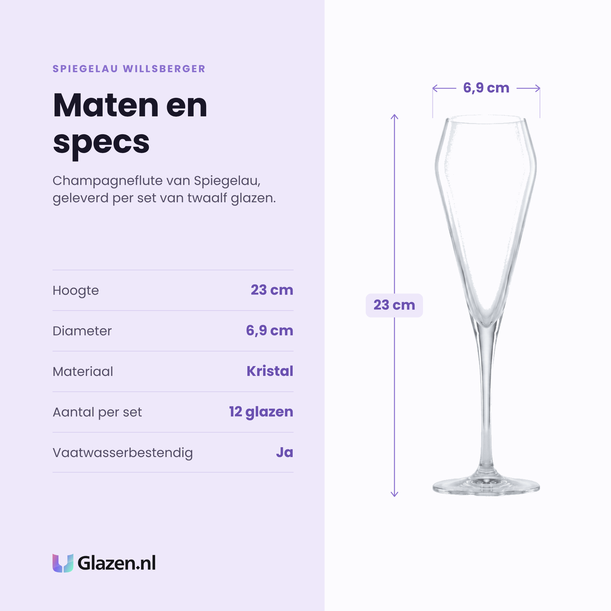 Spiegelau Willsberger champagneflute specificaties: hoogte 23 cm, diameter 6,9 cm, kristal, set van 12