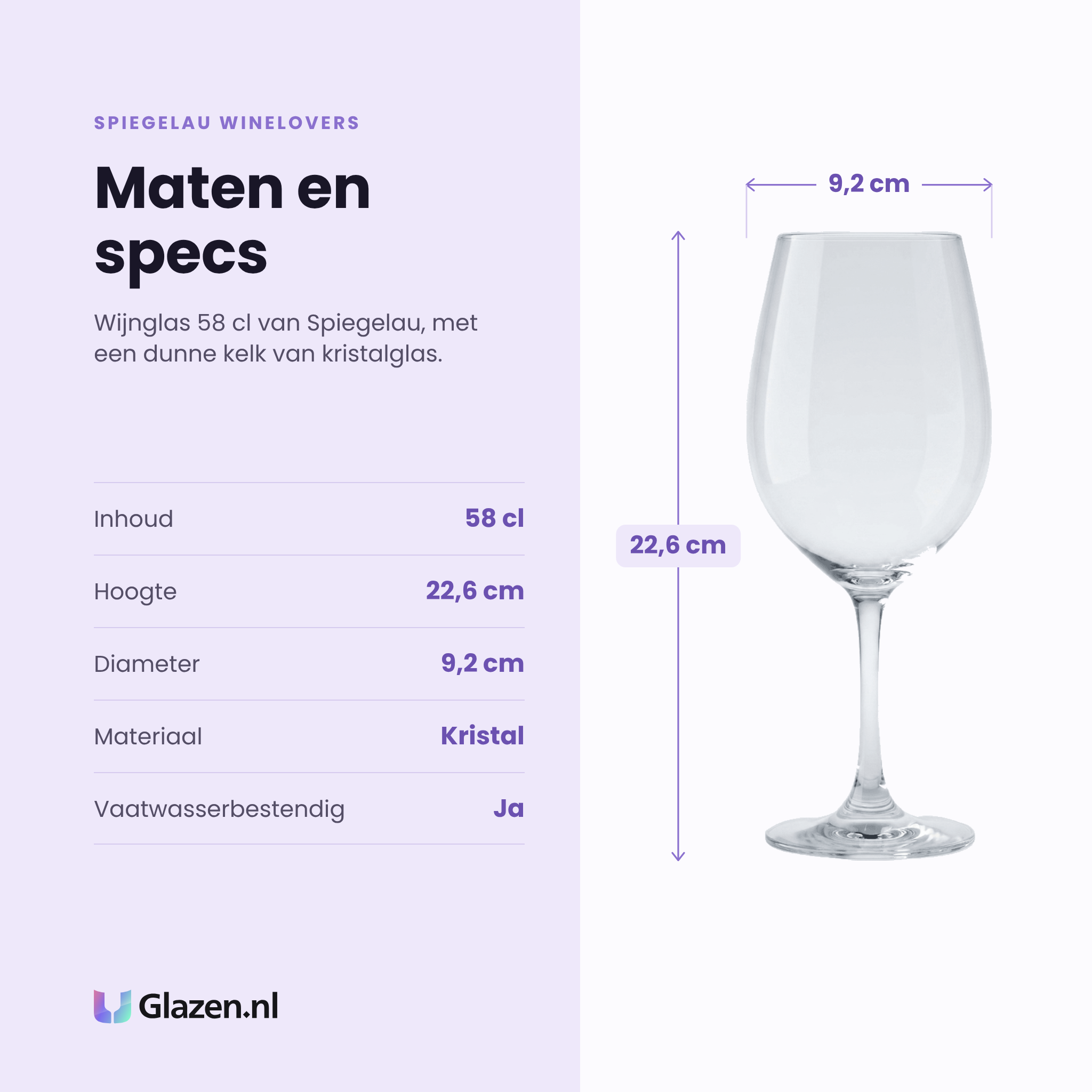 Spiegelau Winelovers wijnglas 58 cl specificaties: inhoud 58 cl, hoogte 22,6 cm, diameter 9,2 cm, kristalglas