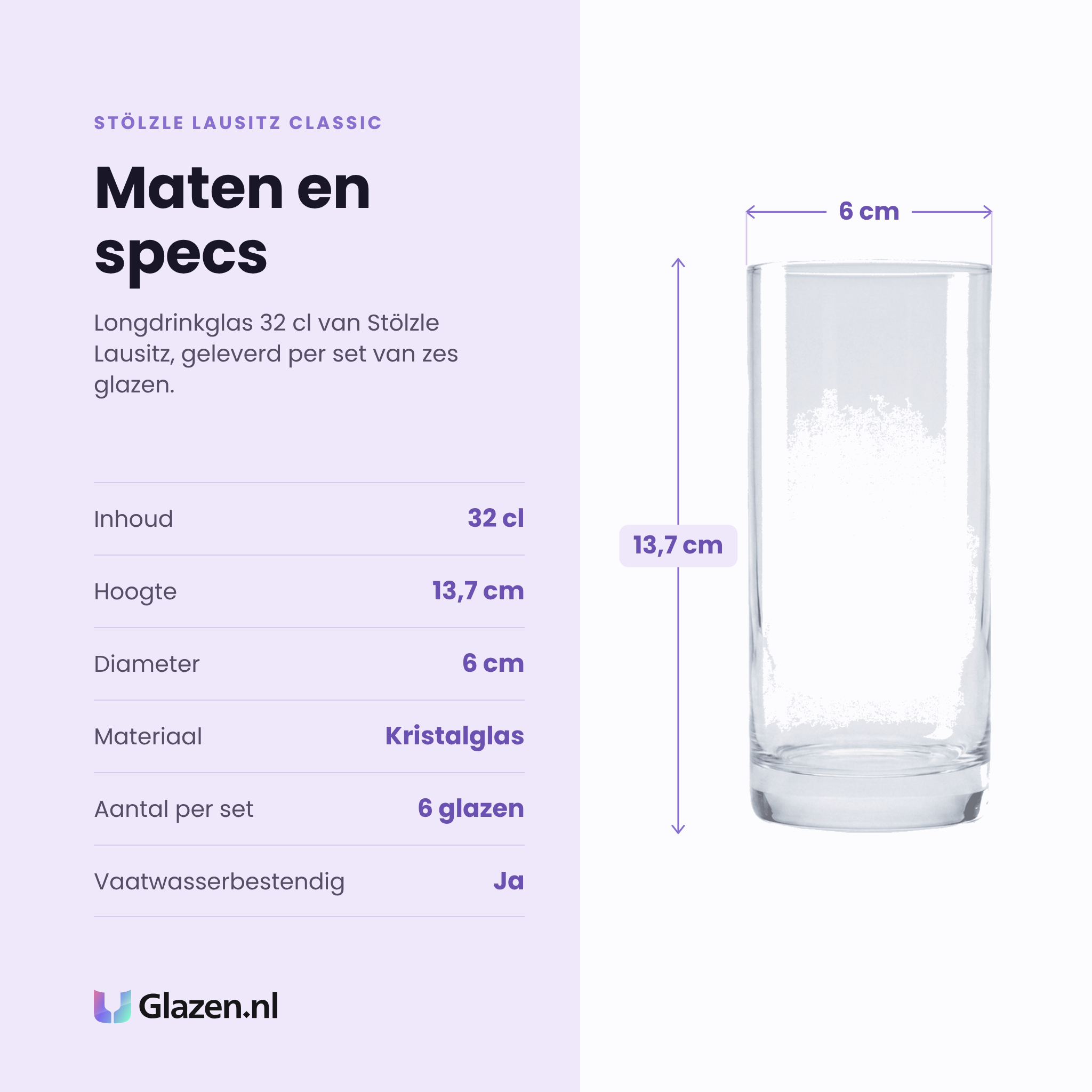 Stölzle Lausitz Classic longdrinkglas 32 cl specificaties: inhoud 32 cl, hoogte 13,7 cm, diameter 6 cm, kristalglas, set van 6
