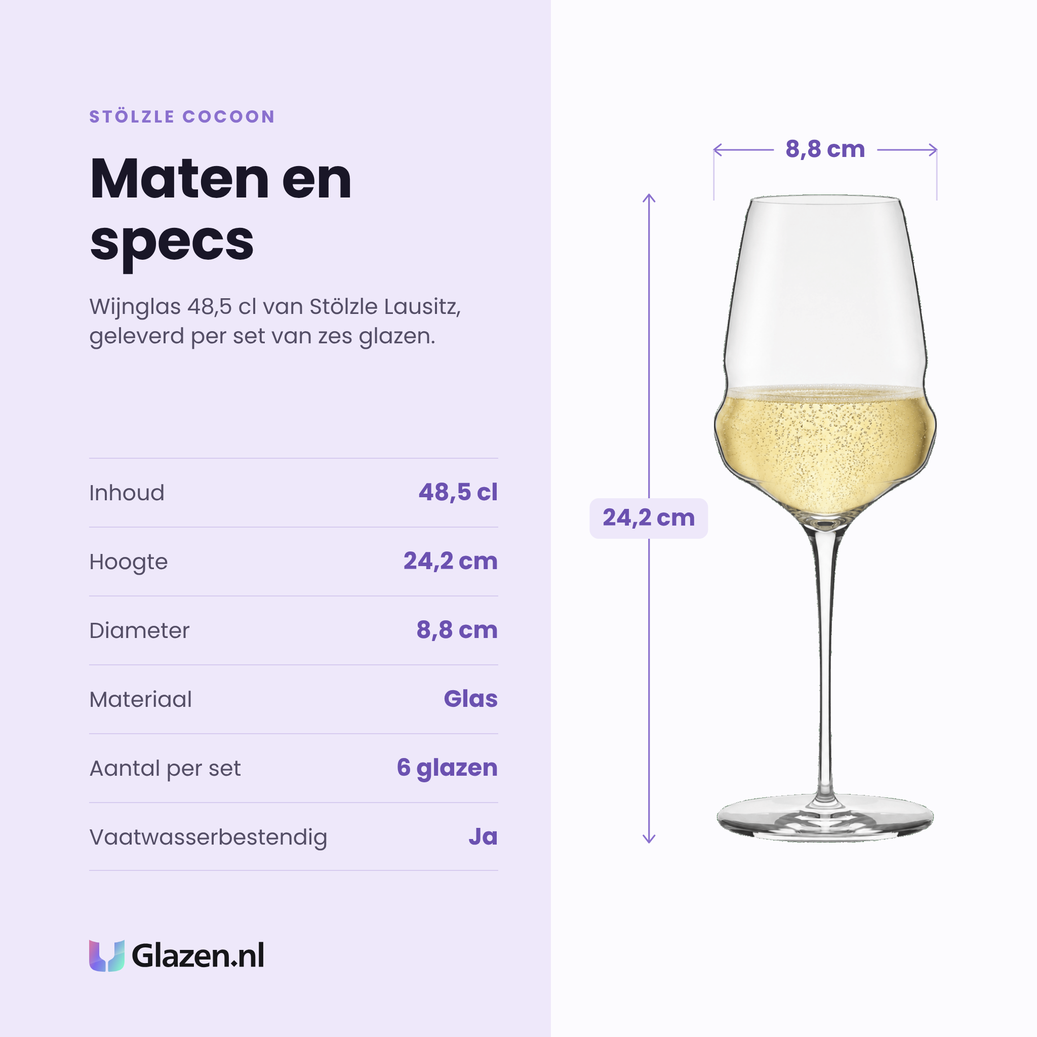 Stölzle Cocoon wijnglas 48,5 cl specificaties: inhoud 48,5 cl, hoogte 24,2 cm, diameter 8,8 cm, glas, set van 6
