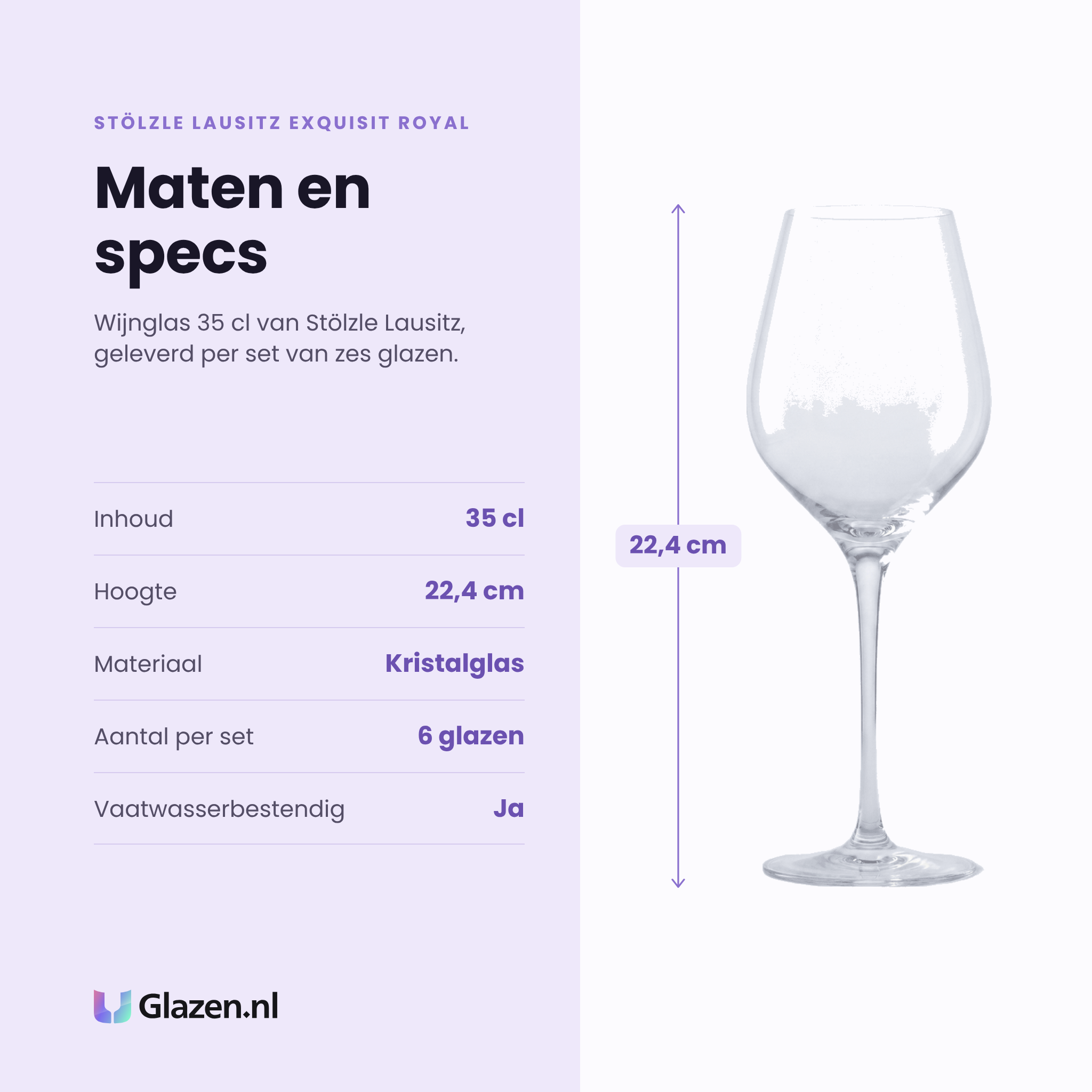 Stölzle Lausitz Exquisit Royal wijnglas 35 cl specificaties: inhoud 35 cl, hoogte 22,4 cm, kristalglas, set van 6