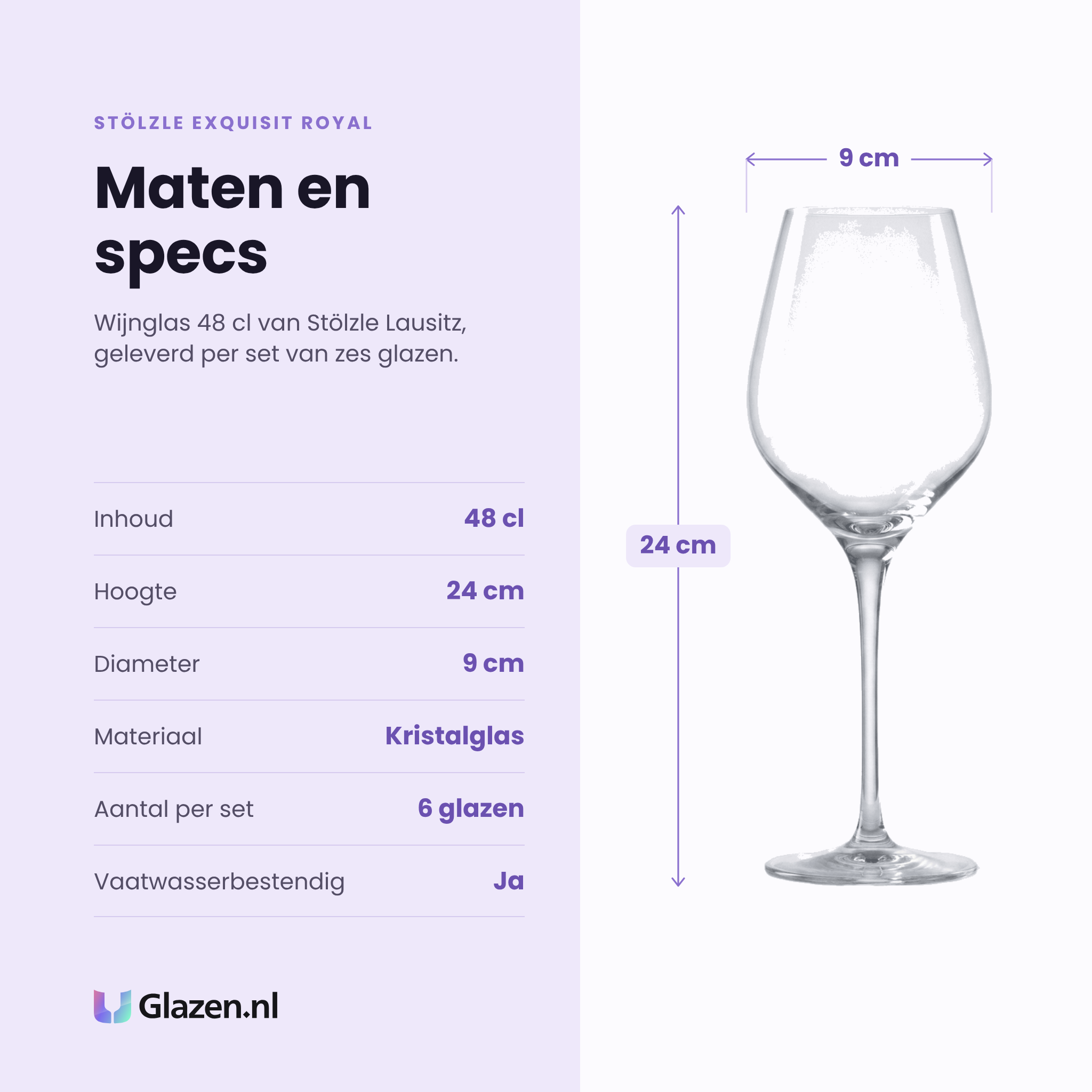 Stölzle Exquisit Royal wijnglas 48 cl specificaties: inhoud 48 cl, hoogte 24 cm, diameter 9 cm, kristalglas, set van 6