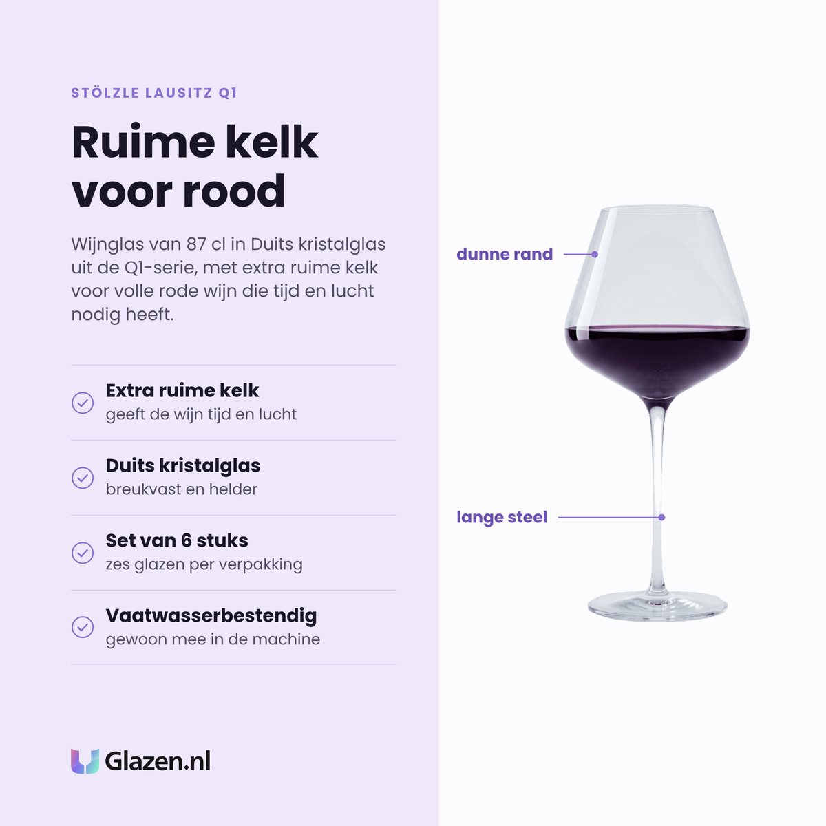 Stölzle Lausitz Q1 wijnglas 87 cl eigenschappen: extra ruime kelk, duits kristalglas, set van 6, vaatwasserbestendig
