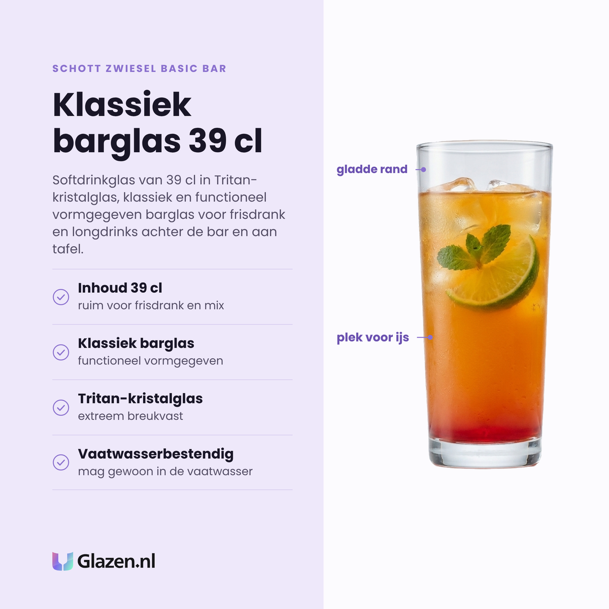 Schott Zwiesel Basic Bar softdrinkglas 39 cl eigenschappen: inhoud 39 cl, klassiek functioneel barglas, tritan-kristalglas extreem breukvast, vaatwasserbestendig