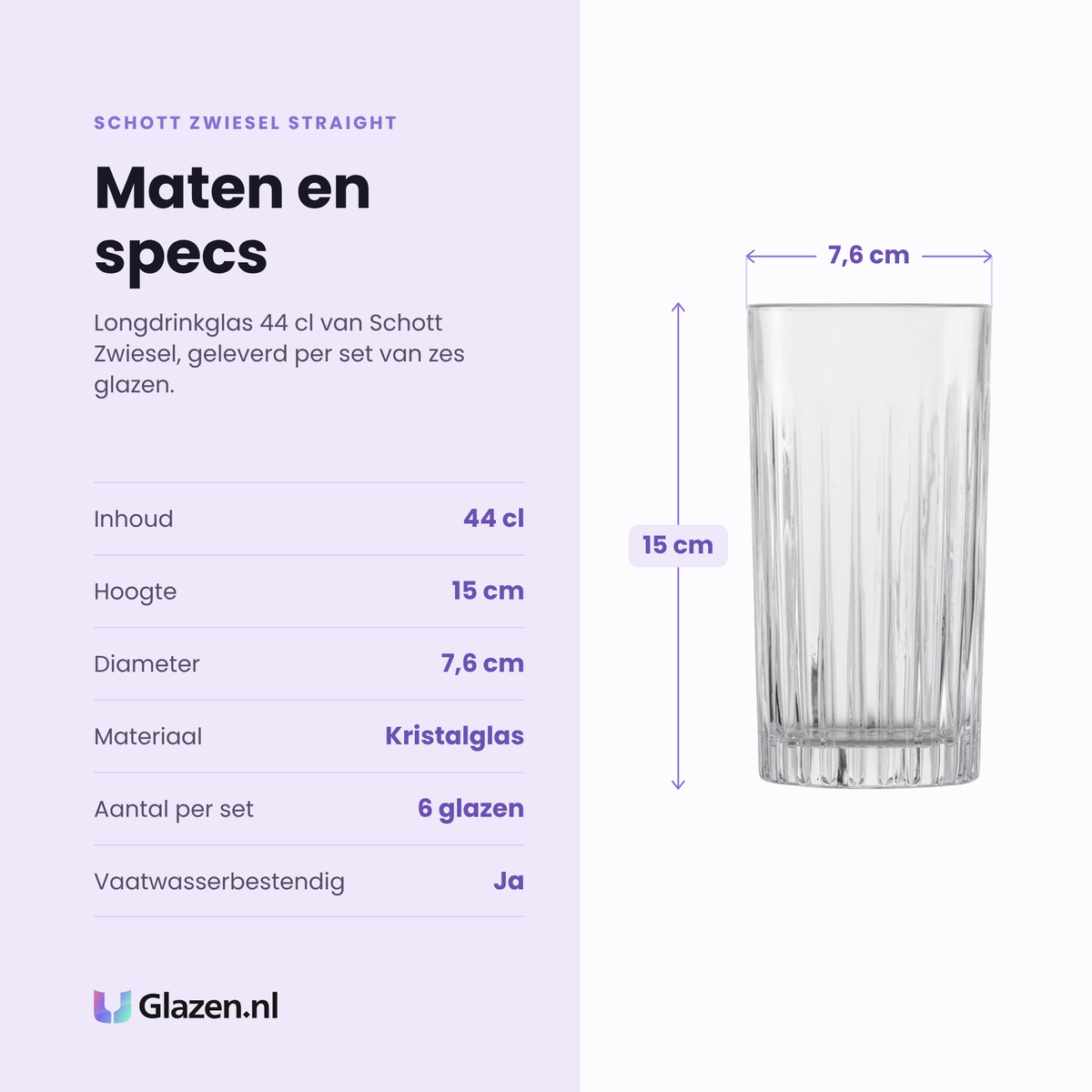Schott Zwiesel Straight longdrinkglas 44 cl specificaties: inhoud 44 cl, hoogte 15 cm, diameter 7,6 cm, kristalglas, set van 6